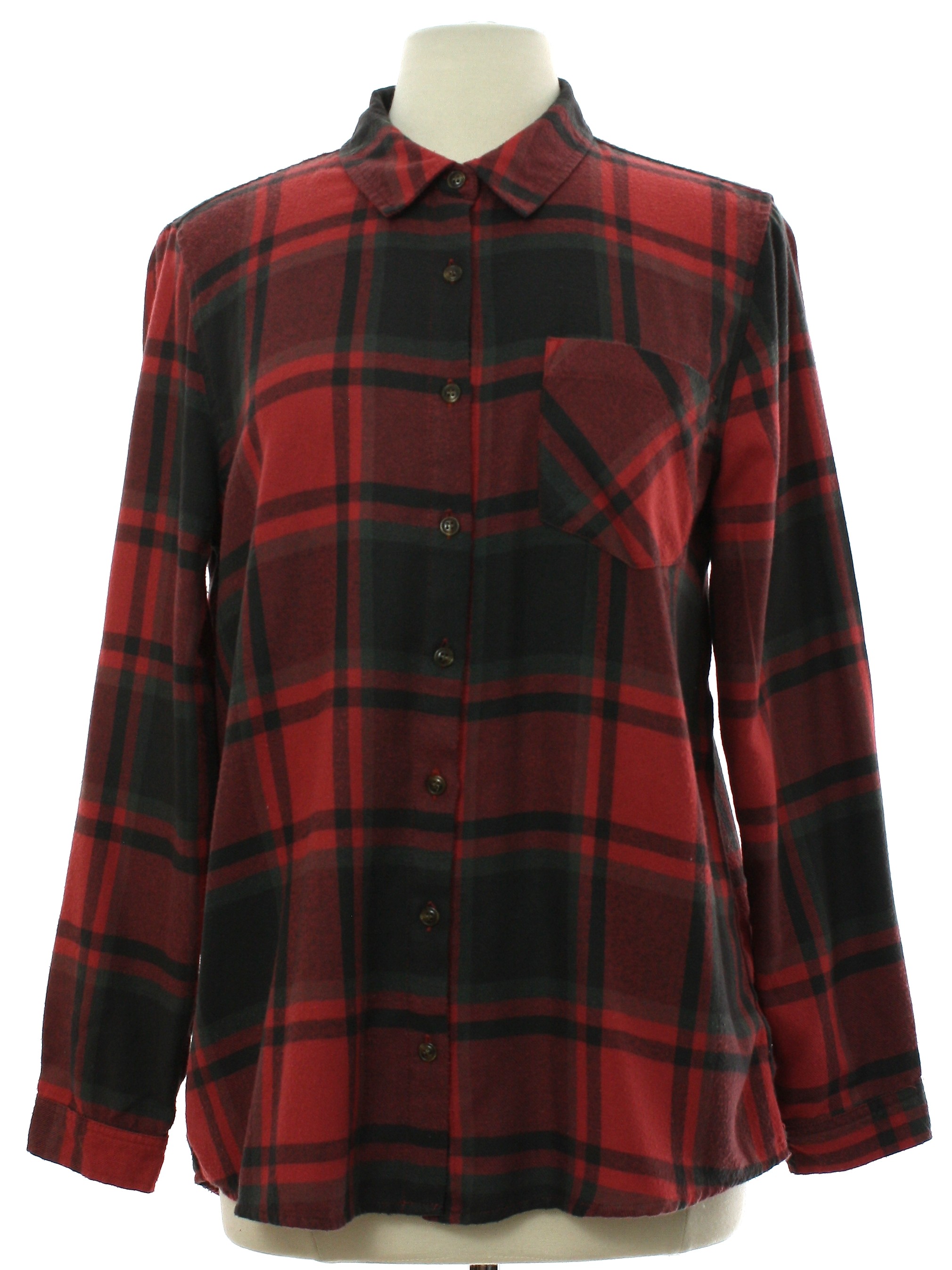 Shirt: 90s -Pink Rose- Womens red, gray, and black plaid rayon ...