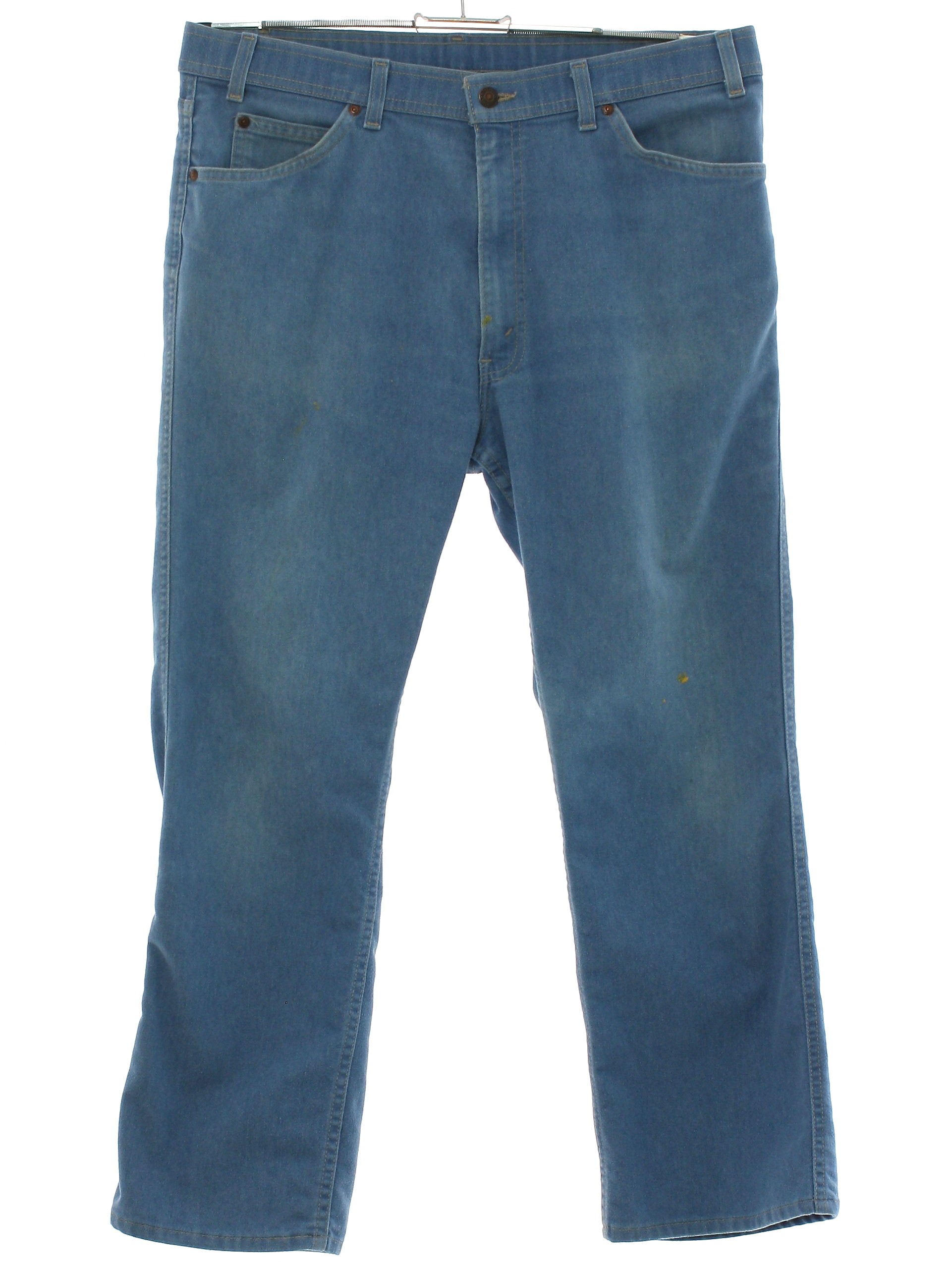 Retro 1970's Pants (Levis Action Slacks) : Late 70s -Levis Action Slacks-  Mens heavily faded and worn light blue brushed cotton levis jeans-cut pants  with zipper fly closure with button. Five pocket