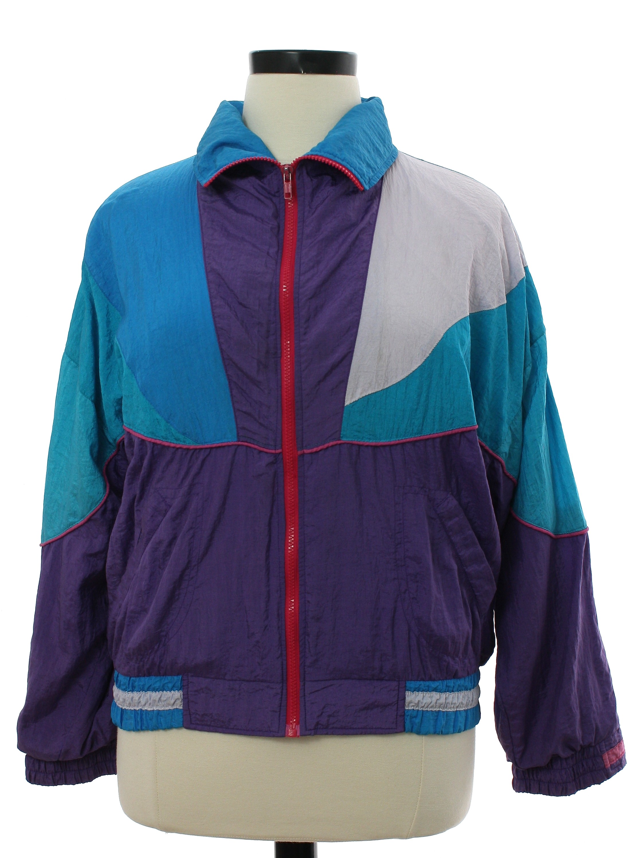 90s Vintage Westside Connection Jacket: 80s style (made in 90s) -Westside  Connection- Womens purple background nylon shell elastic cuff dolman  longsleeve zip front windbreaker zip jacket. Color blocked pattern in  shades of