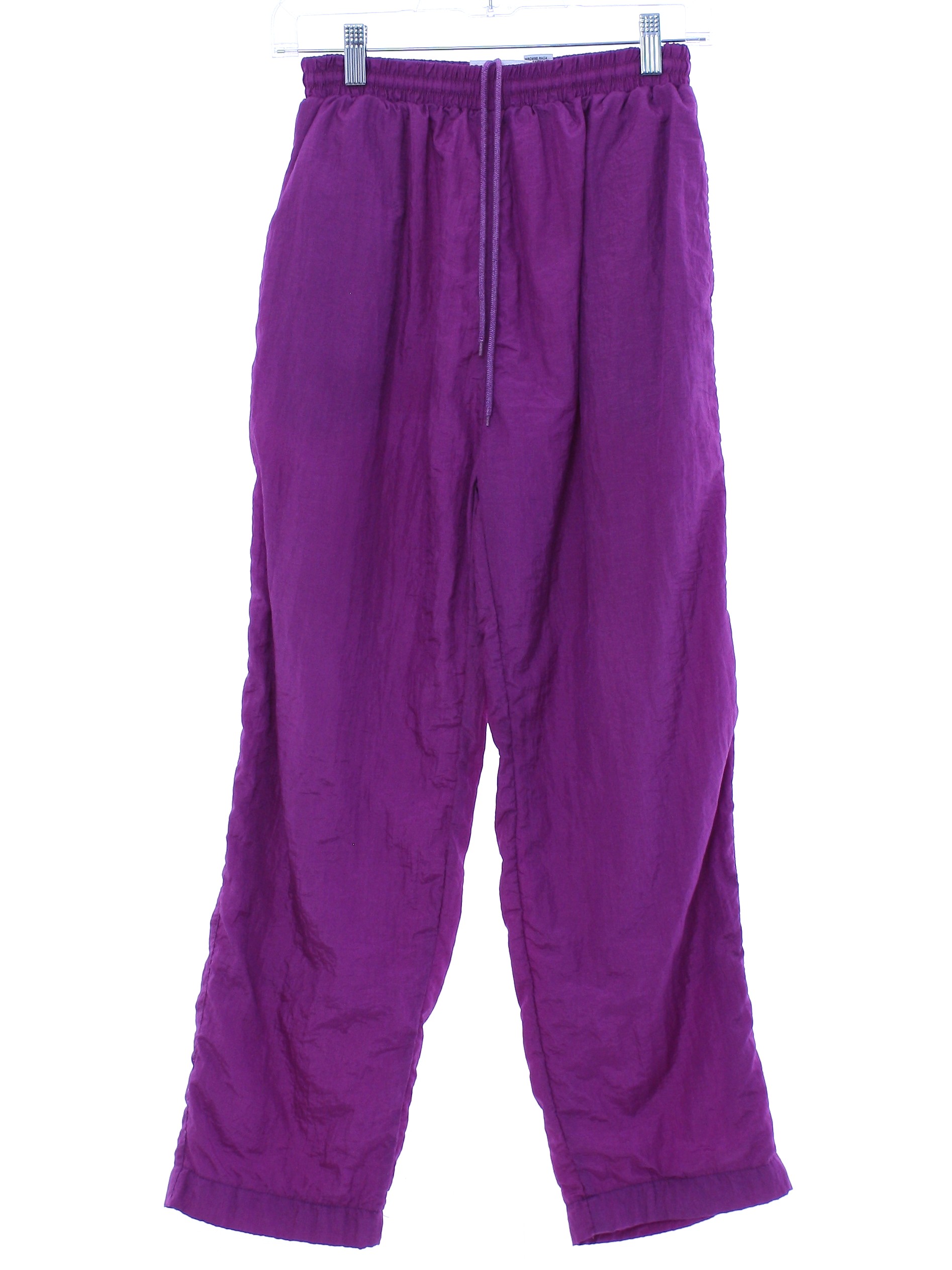Eighties Vintage Pants: 80s -Active Attitudes- Womens orchid sheeny nylon track  pants with cotton and polyester blend lining. Elastic pull on waistband  with front inside drawstring ties and side inset pockets.
