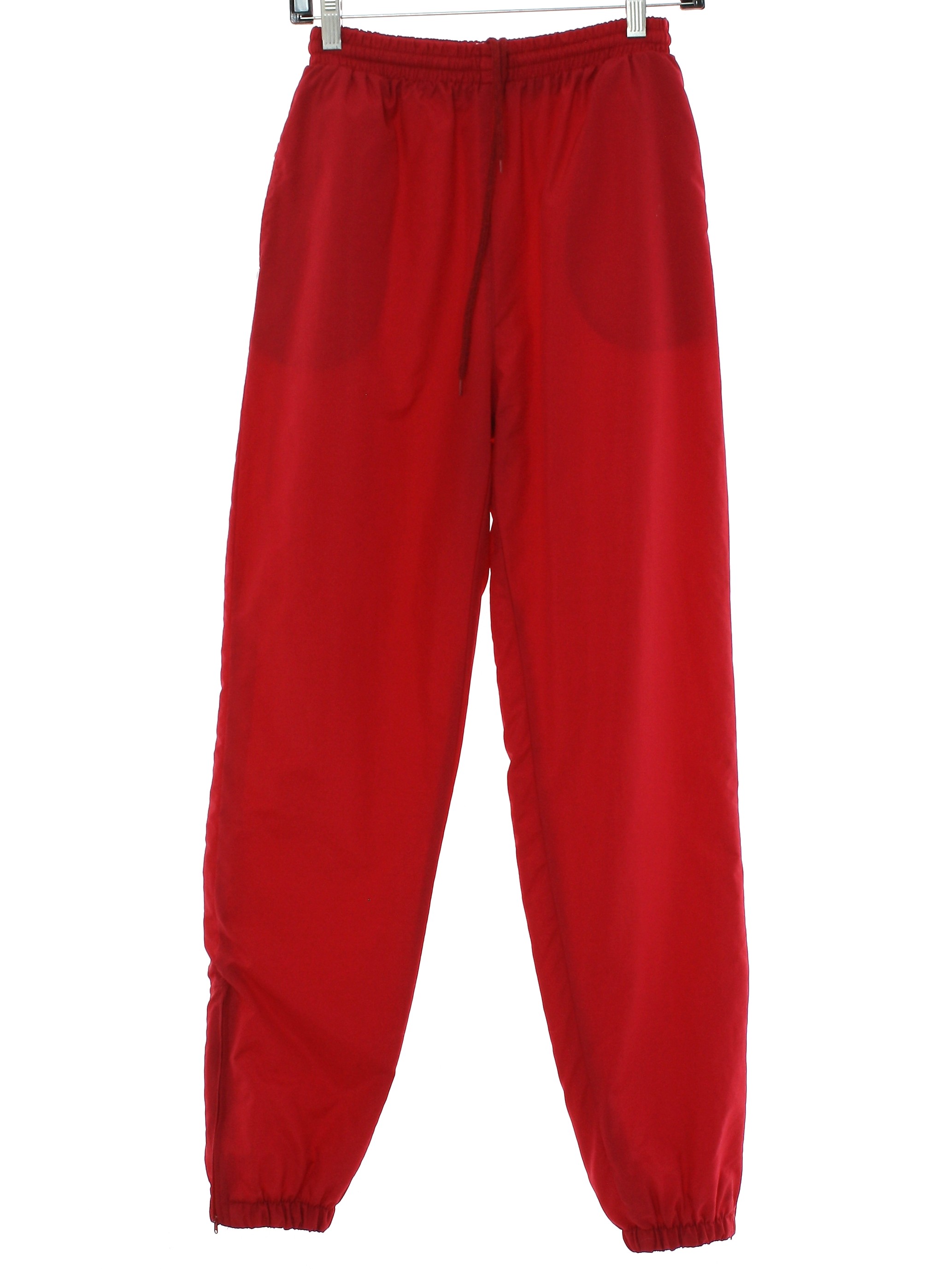 80s Vintage Pro Spirit Pants: 80s -Pro Spirit- Womens red nylon shell with  polyester lining track pants. Elastic pull on waistband with front inside  drawstring ties and side inset pockets, zippered elastic