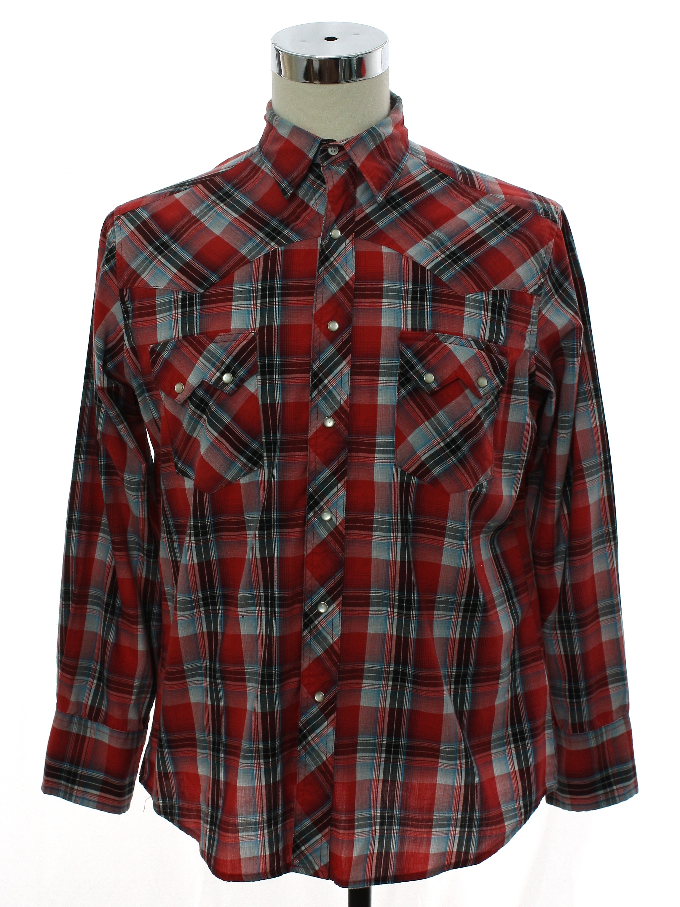 Western Shirt: 90s -Wrangler- Mens shades of red, light blue, black ...