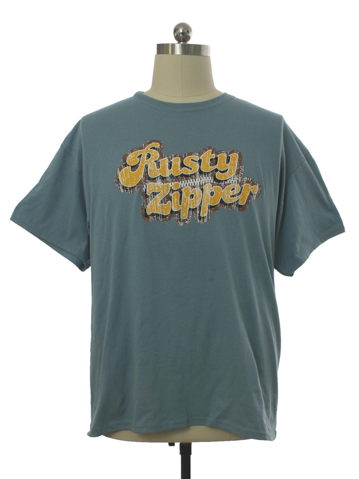 T Shirt 90s Rusty Zipper slate blue grey cotton short sleeve t shirt. Label reads 2XL but measures to fit a Mens XL 48 to 50 chest