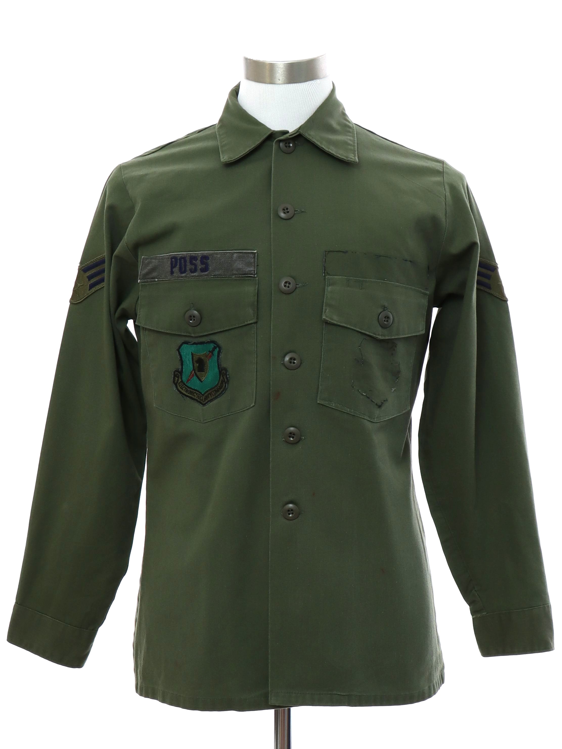 Vintage University Sportswear Inc. 1970s Shirt: Late 70s or Early 80s  -University Sportswear Inc.- Mens army green polyester cotton blend button  cufflongsleeve button up front military us army uniform shirt. POSS name