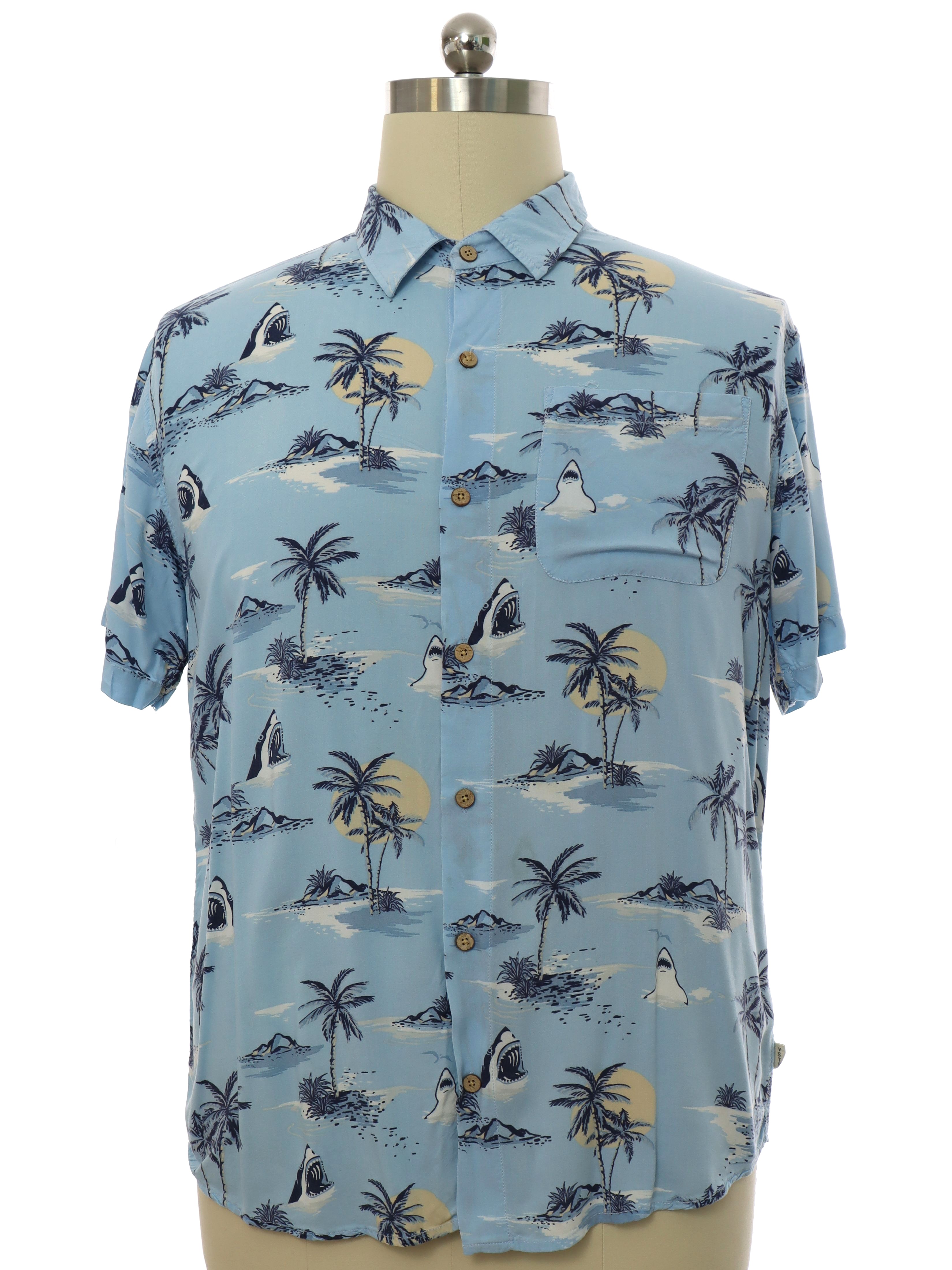 Hawaiian Shirt: 90s -VSTR Premium- Mens sky blue background rayon