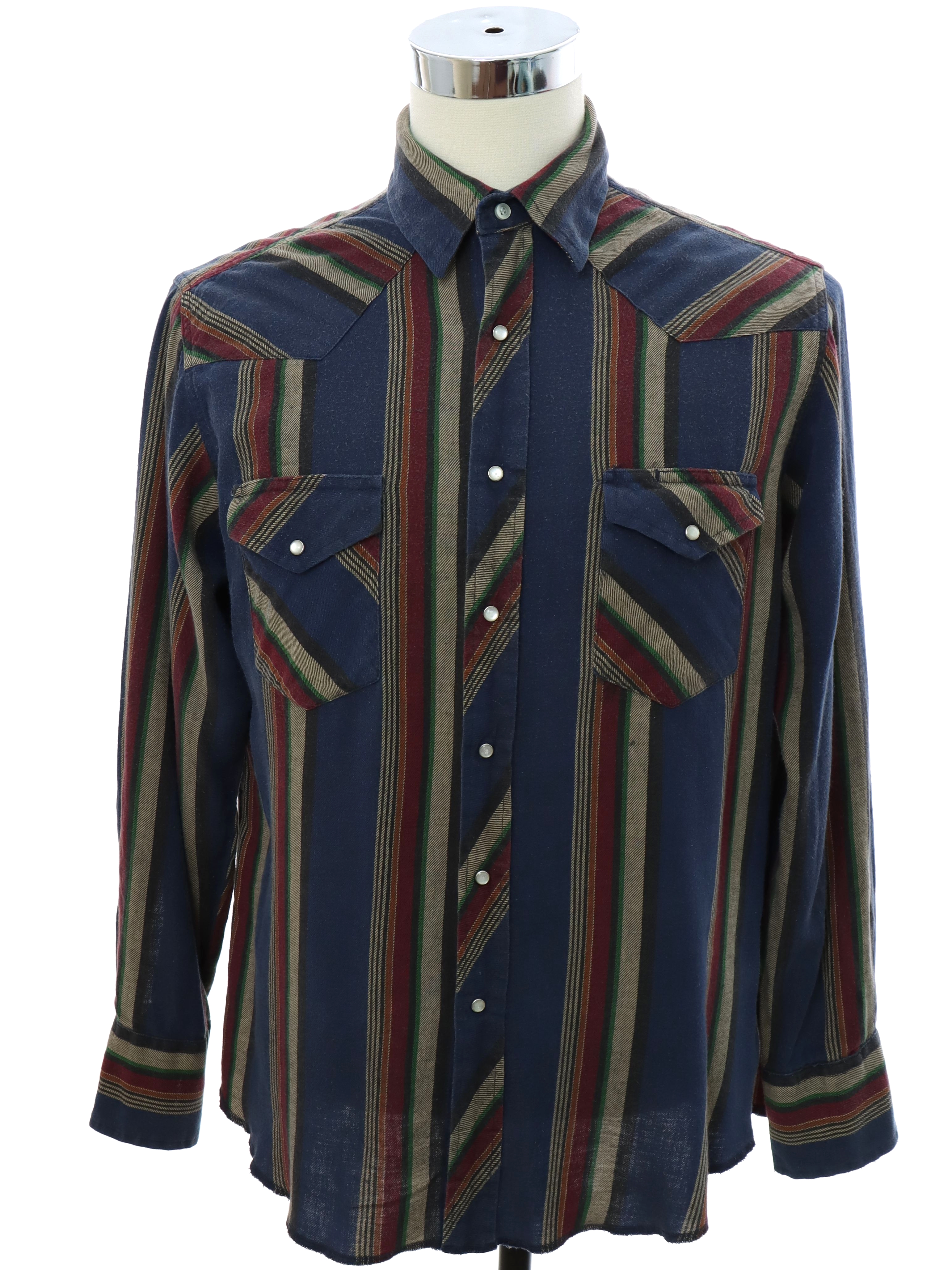 Western Shirt: 90s -Wrangler- Mens faded navy, burgundy, black, brown, and  green striped cotton flannel longsleeve western shirt. (Made in Bangladesh)  pearlized snaps at front placket and cuffs. Fold over collar, front