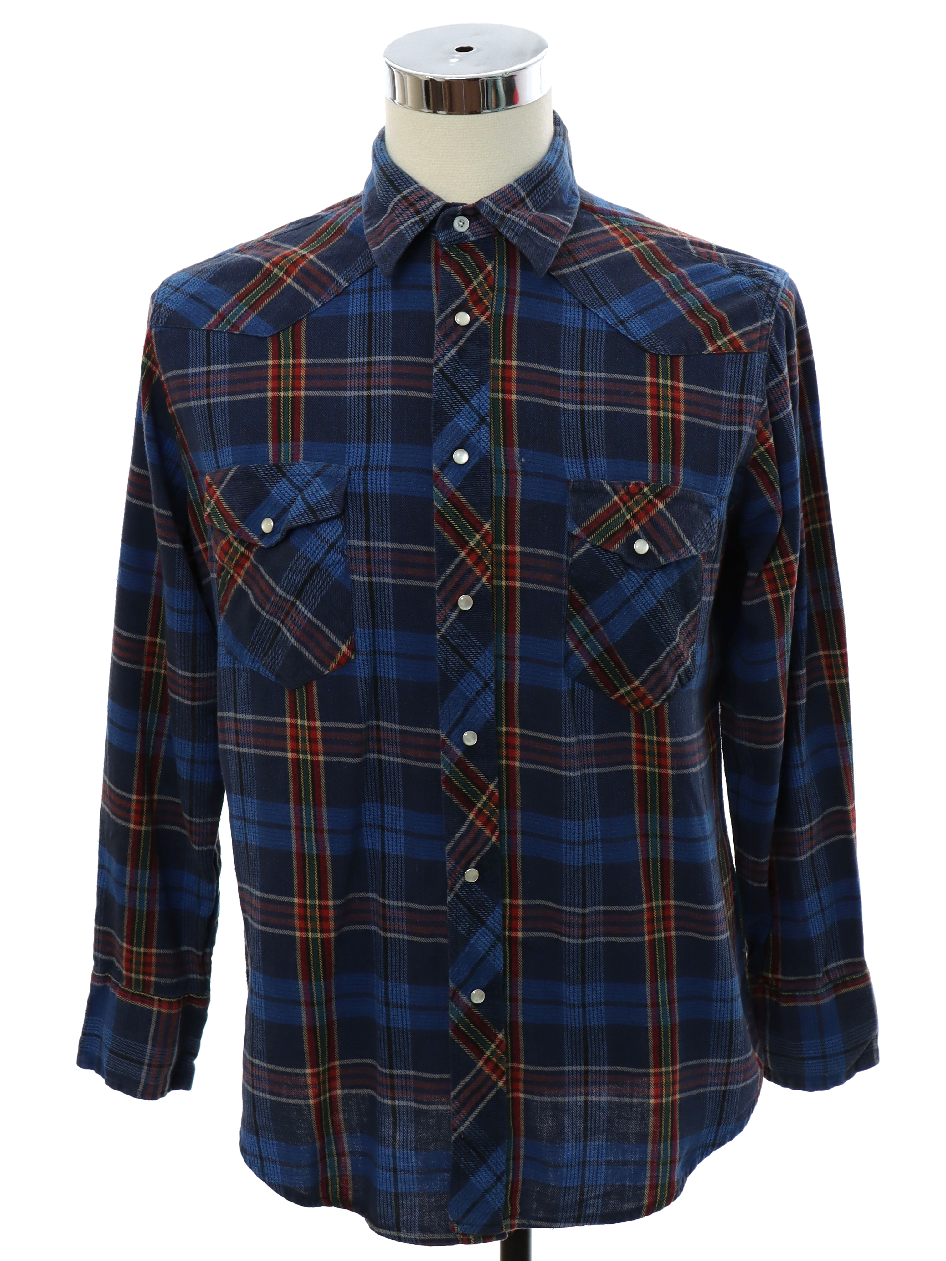 Western Shirt: 90s -Wrangler- Mens faded blue, navy, red, green, and yellow  plaid cotton flannel longsleeve flannel western shirt. (Made in Bangladesh)  pearlized snaps at front placket and cuffs. Fold over collar,