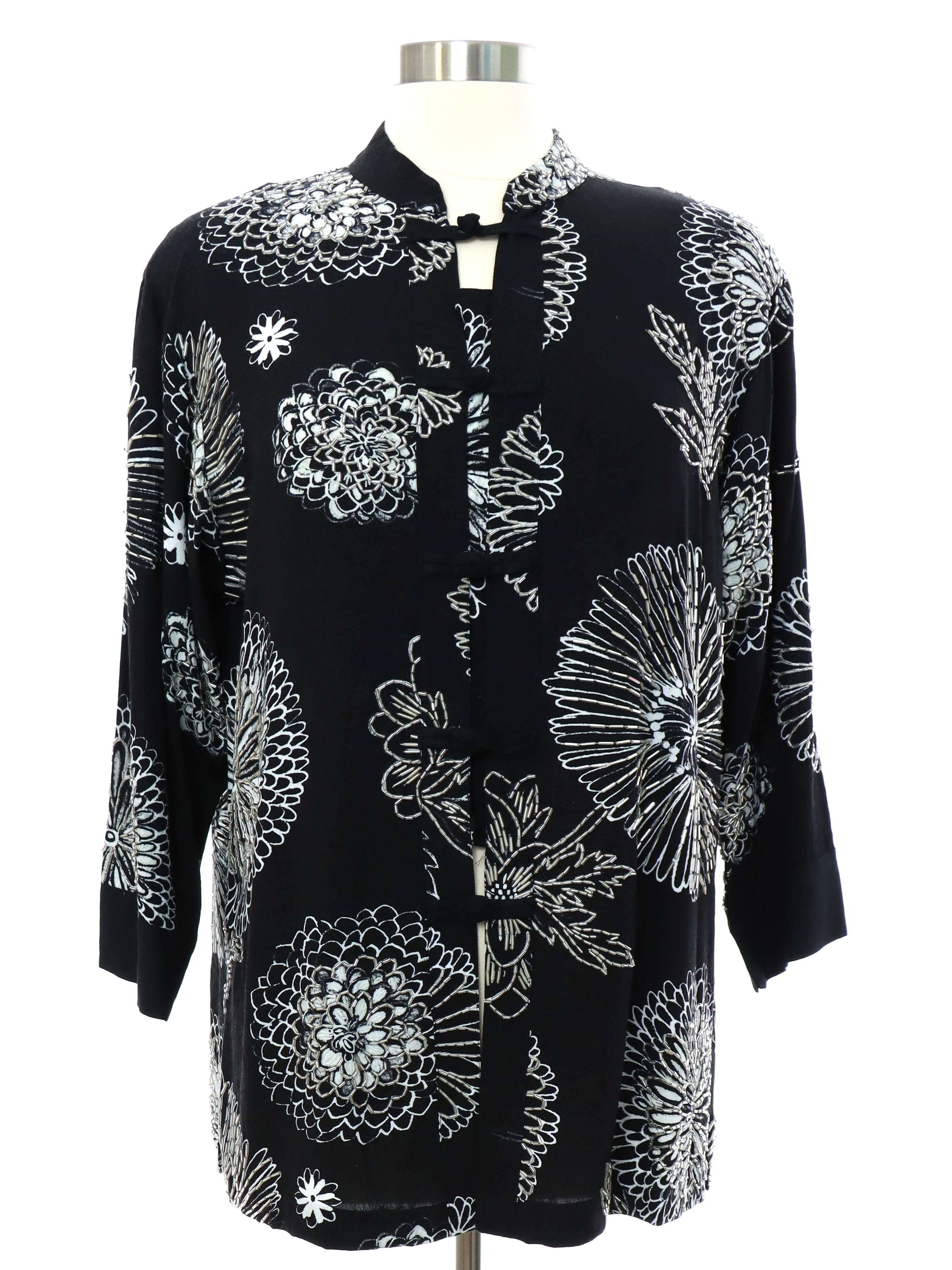 80's Vintage Shirt: 80s -Jams World- Womens black rayon beaded floral ...