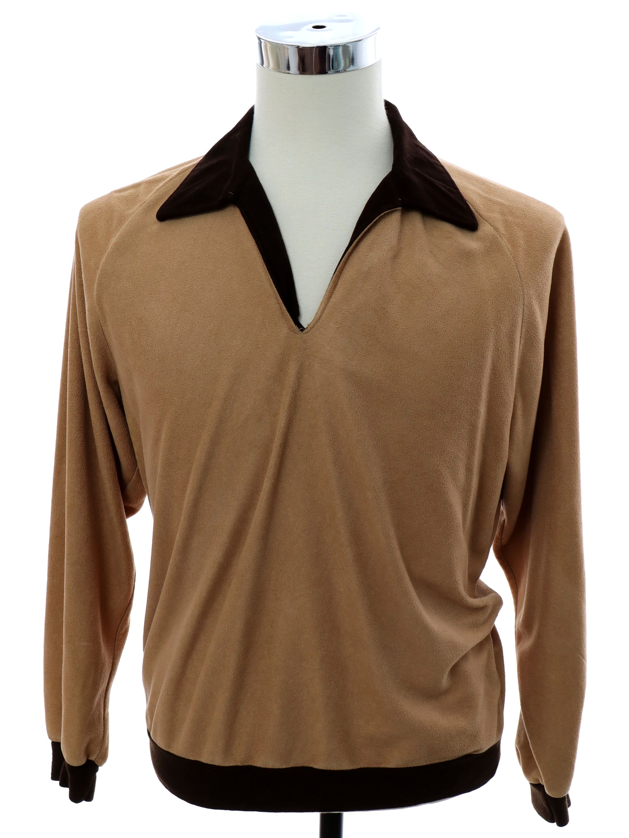 1970's Vintage Sportswear by Country Touch Velour Shirt: Late 70s - Sportswear by Country Touch- Mens camel tan background nylon triacetate  blend ribbed knit cuff longsleeve pullover velour shirt with contrasting  brown collar