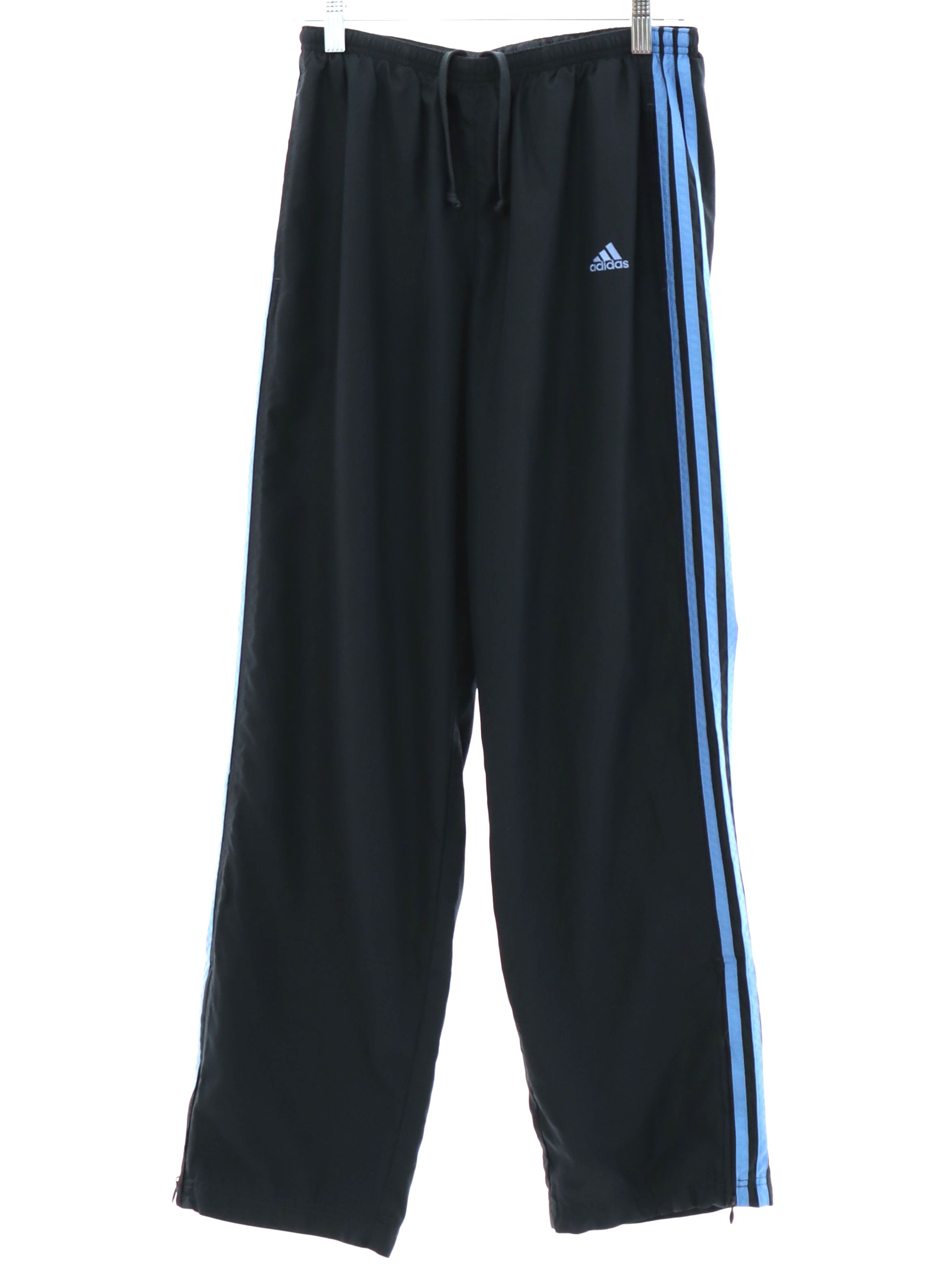 Pants: 90s -Adidas- Mens charcoal solid colored nylon shell flat front track  pants with elastic cuff hem with ankle zipper, vertical seam inset side  entry front pockets, no rear pockets, elastic waistline