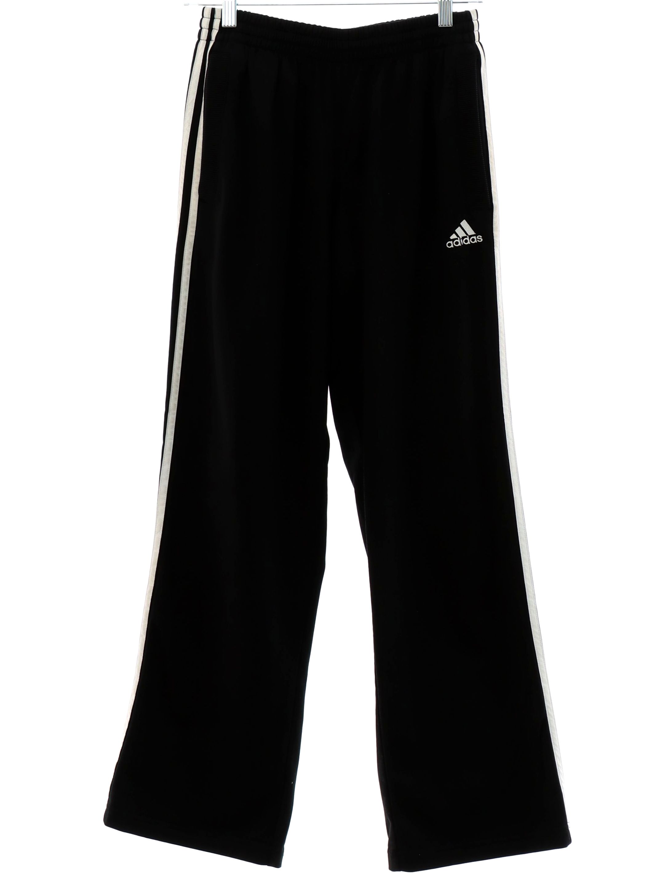 90s -Adidas- Mens black solid colored lightweight polyester flat front pants with cuffless hem, inset side entry front pockets with ribbed knit trim, no rear pockets, elastic waistline