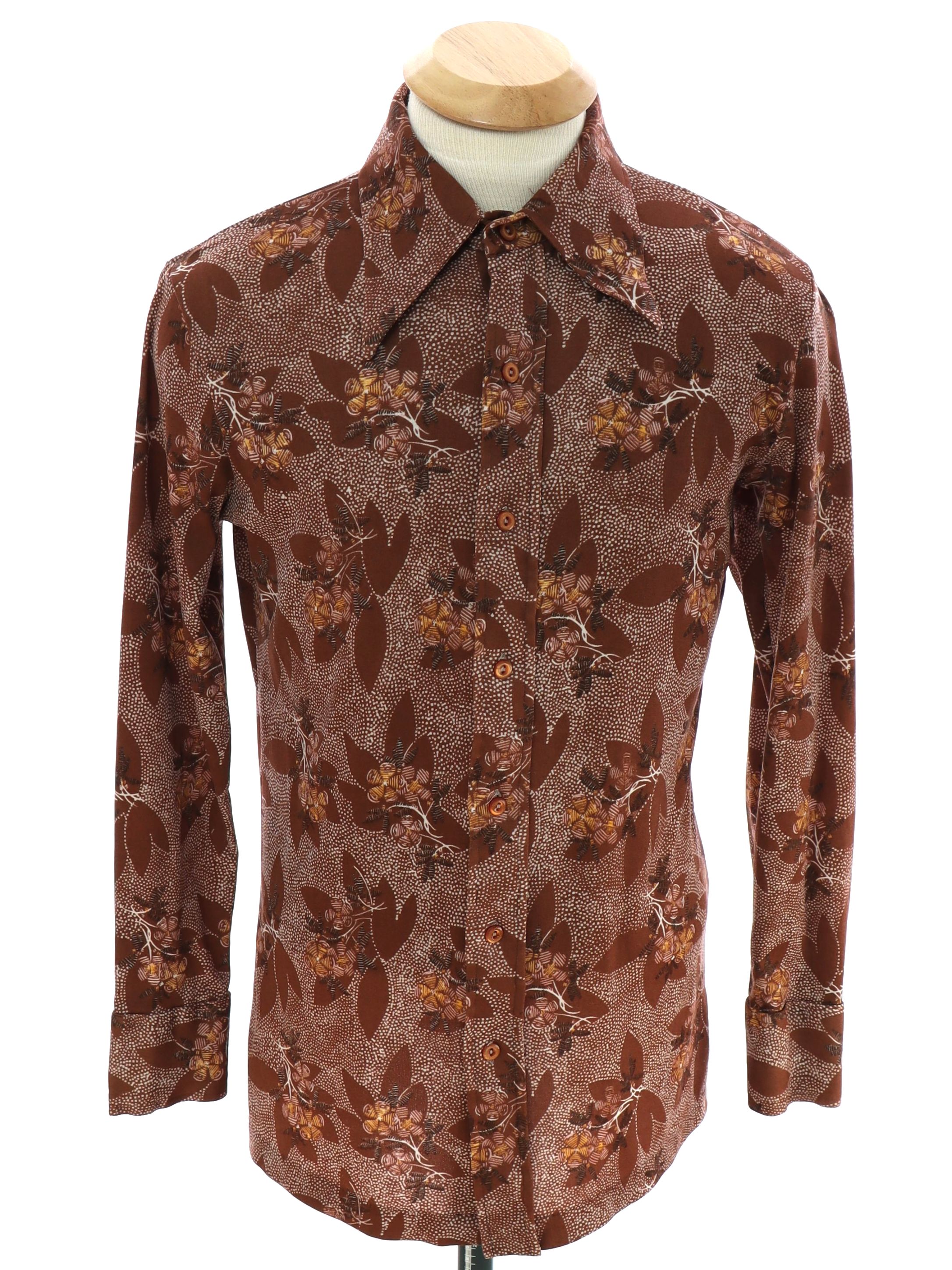 Retro Seventies Print Disco Shirt: 70s -Huk A Poo- Unisex Ladies or Boys  brown background nylon button cuff longsleeve button up front print disco  shirt with white dotted pattern and floral pattern