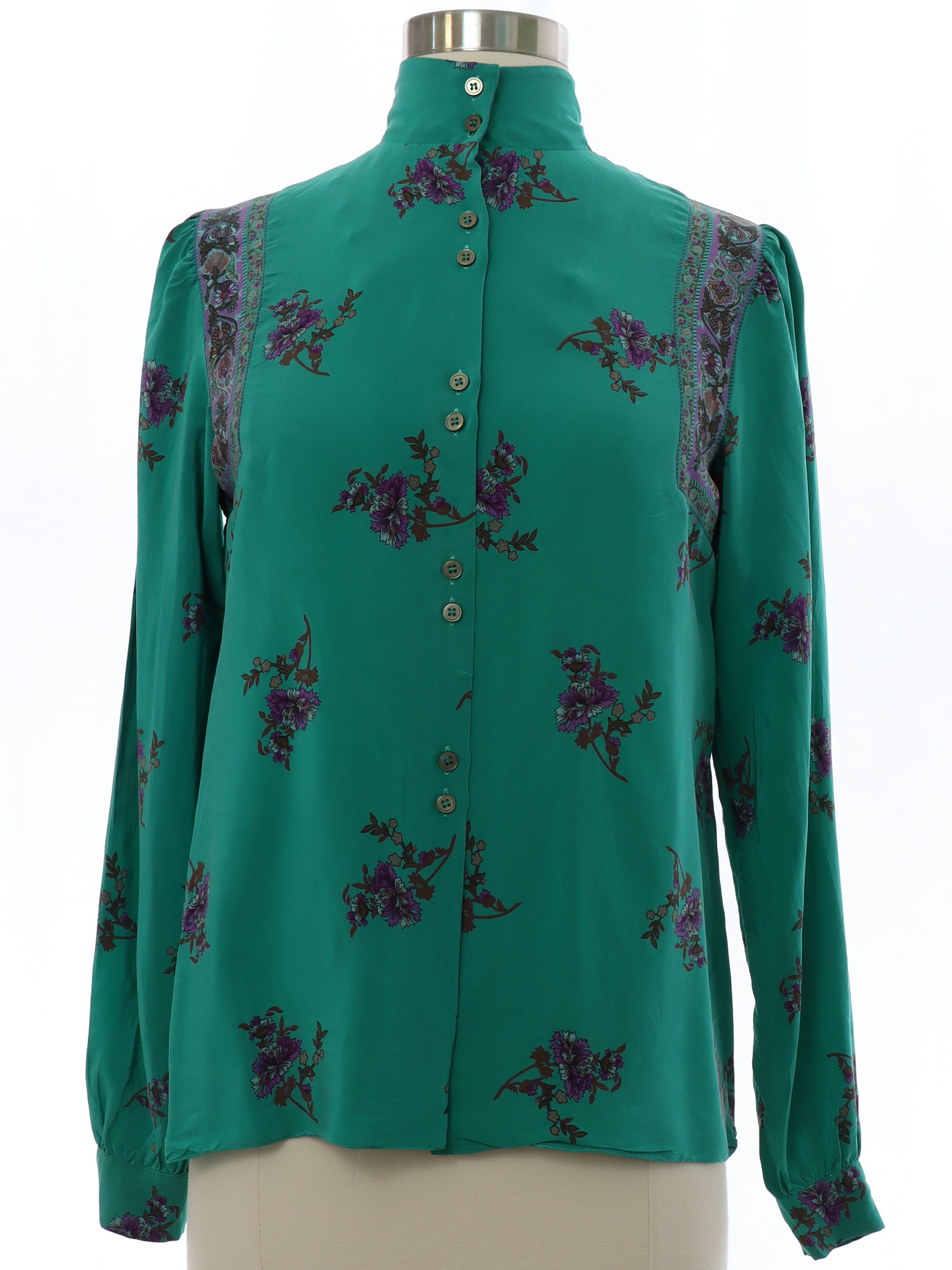 Retro 80 s Shirt Late 80s Lillie Rubin Designer Womens jade green background lightweight handkerchief silk button cuff longsleeve button up front secretary shirt with floral pattern in shades of bro...