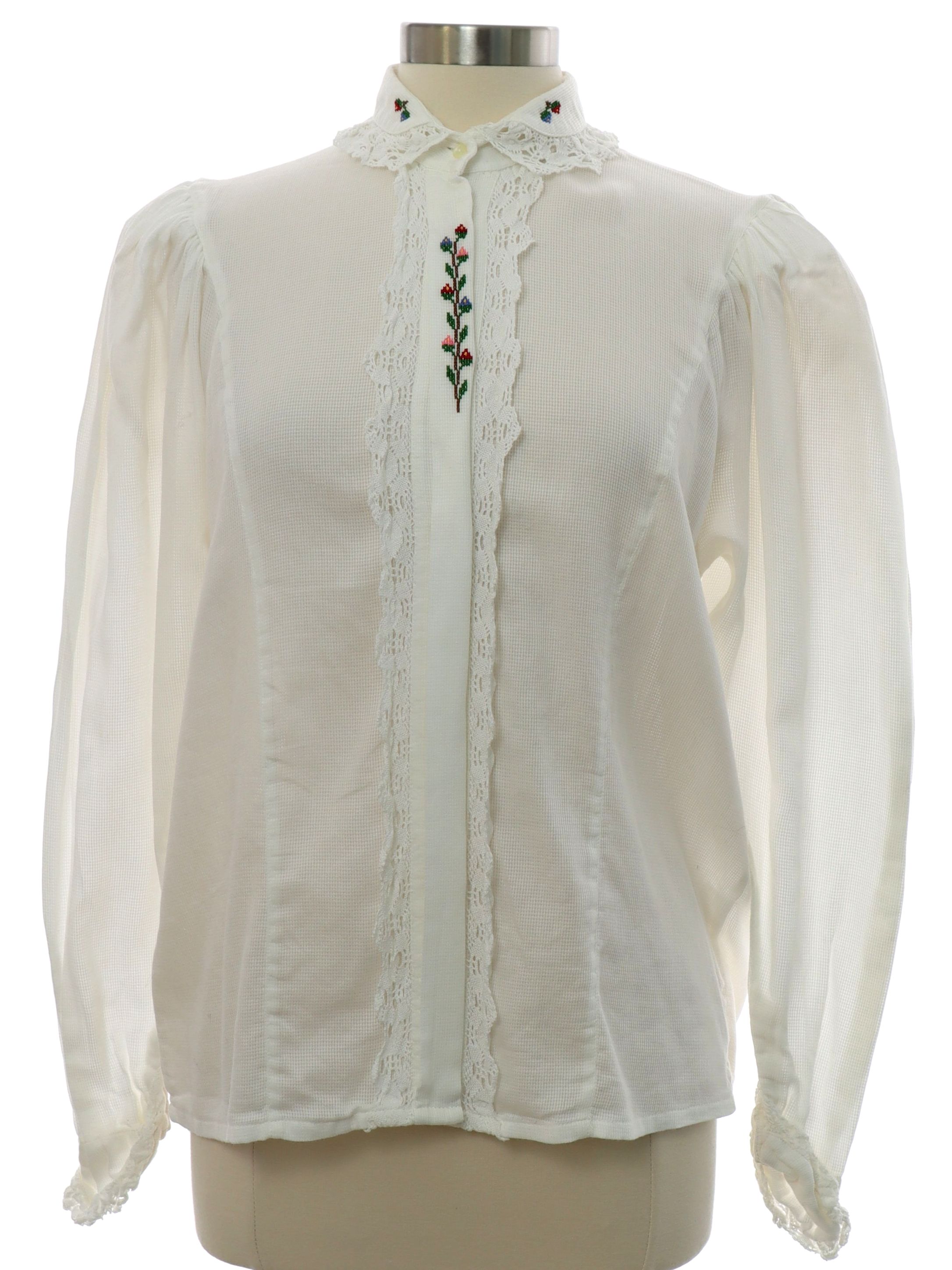1980s Vintage Shirt: 80s -Oosl- Womens white background cotton fold ...