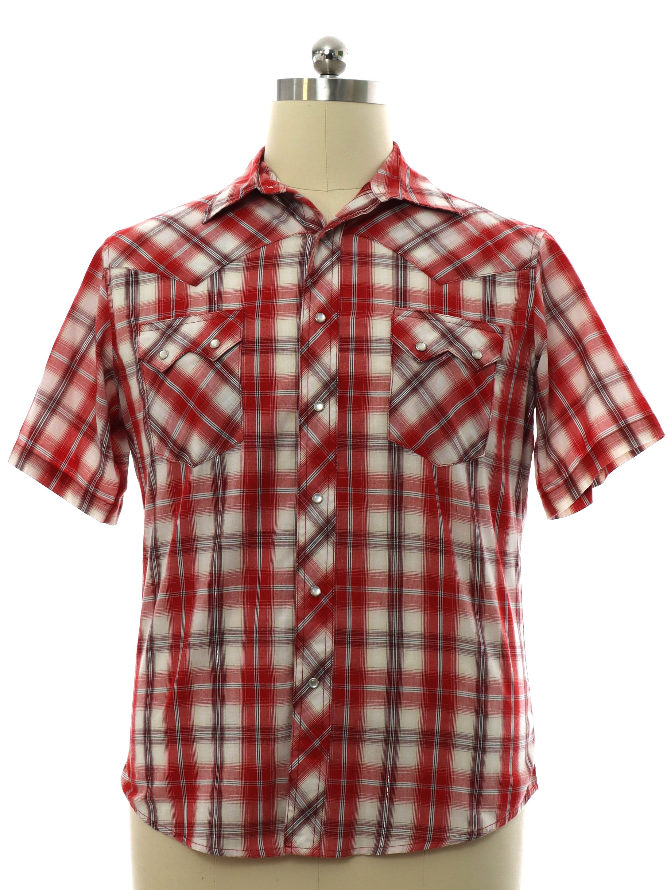Western Shirt: 90s -Wrangler- Mens red, off white, and silver lurex plaid  polyester cotton blend short sleeve western shirt. (Made in Bangladesh)  snap front. Fold over collar, front and back Western style