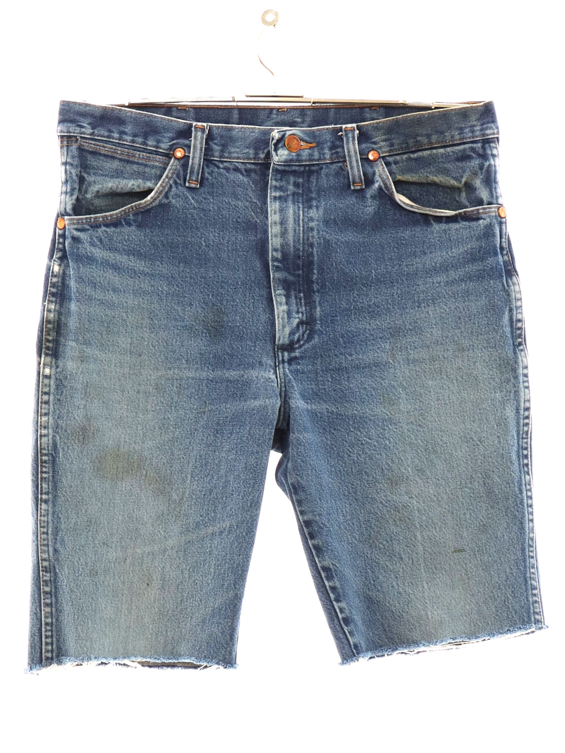 Shorts: 90s -Wrangler- Mens blue cotton denim jeans cut off shorts with ...