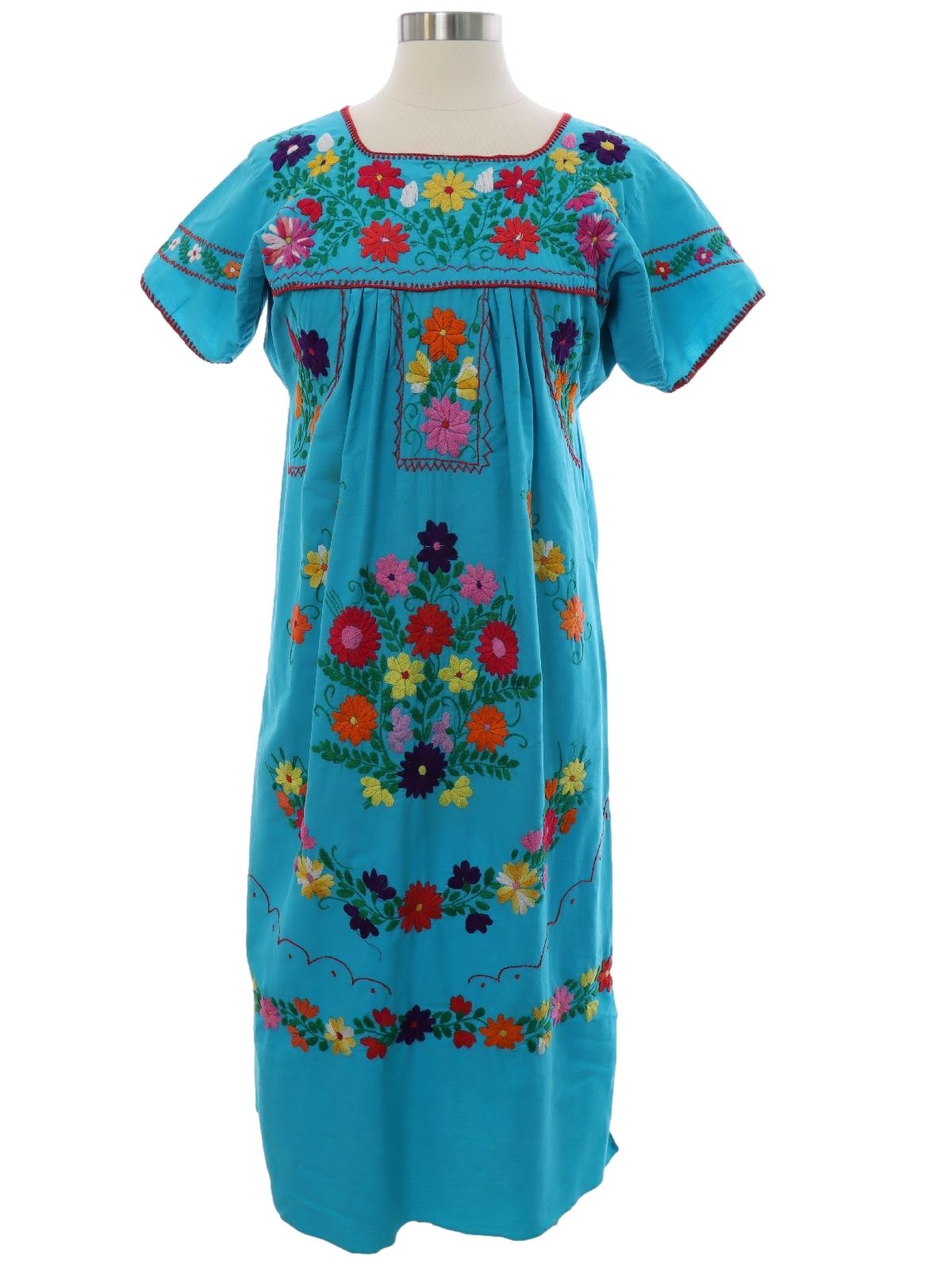 Eighties Zapoteco Dress: 80s -Zapoteco- Womens sky blue polyester ...