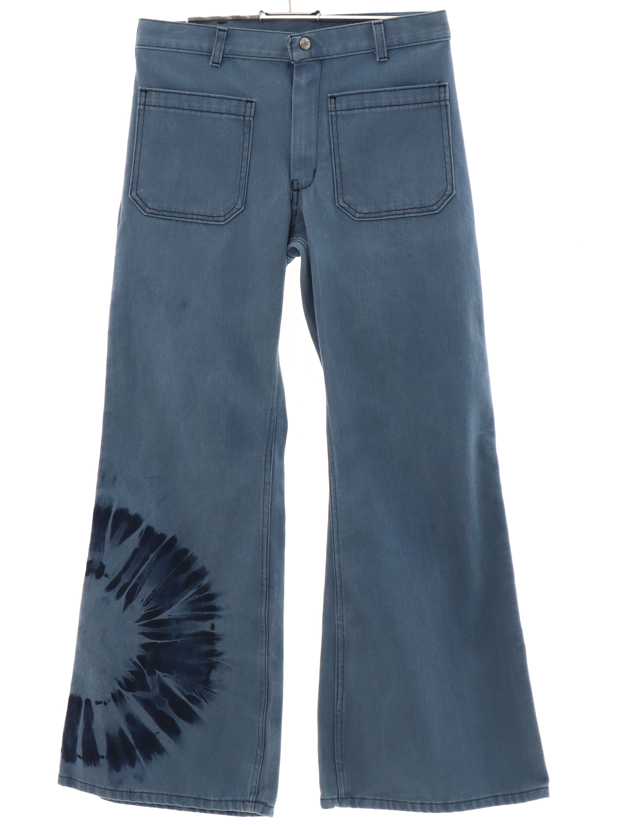 Retro 70's Bellbottom Pants: 70s style -Seafarer- Unisex dusty blue cotton  polyester blend denim navy issue bellbottom jeans pants with cuffless hem,  two front patch pockets, two rear patch pockets (one has