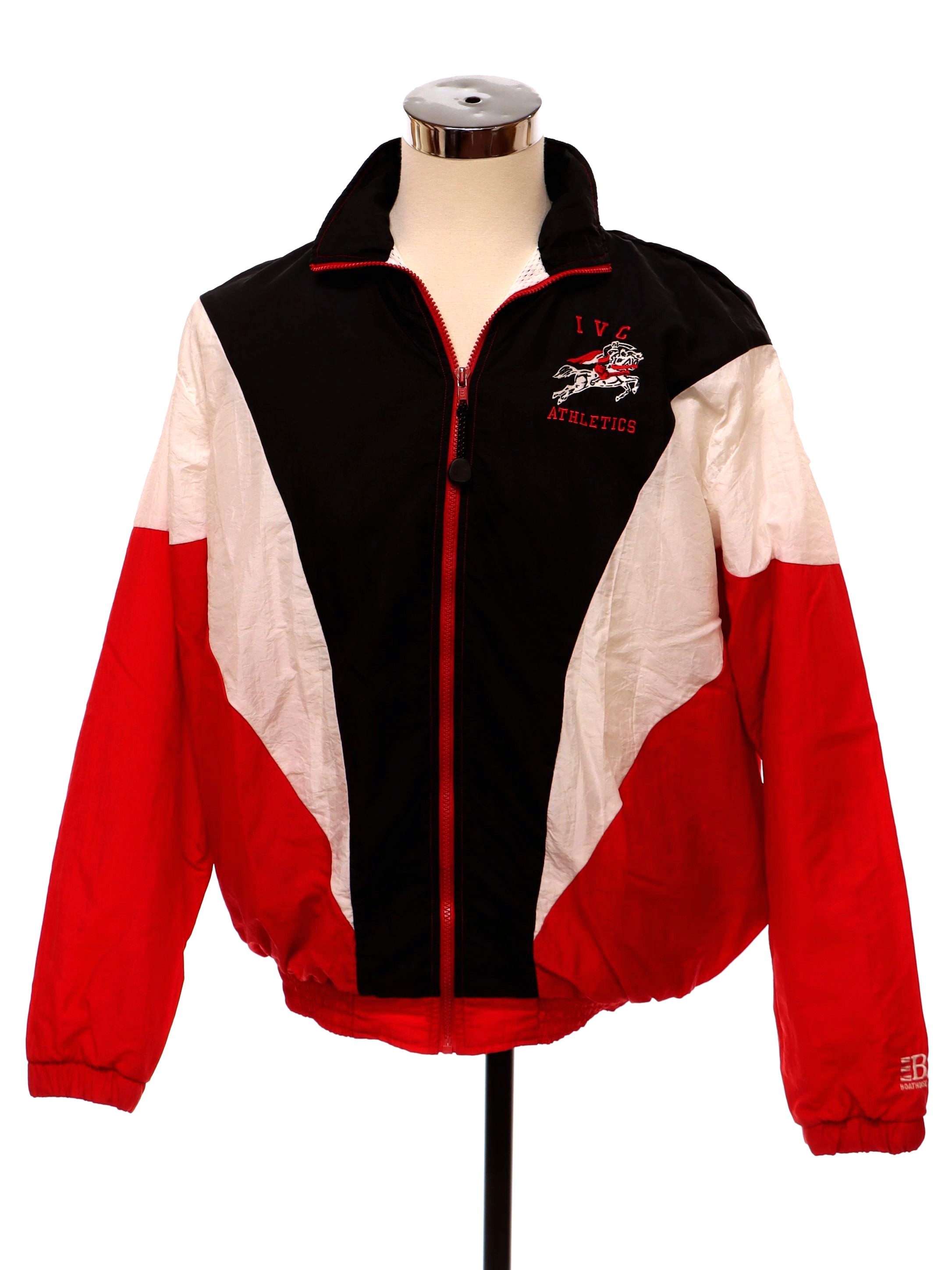 1990s Boathouse Jacket 90s Boathouse Mens black red and white color blocked nylon shell elastic cuff dolman longsleeve zip front windbreaker zip jacket. Zip up standup or fold over collar. Side entr...