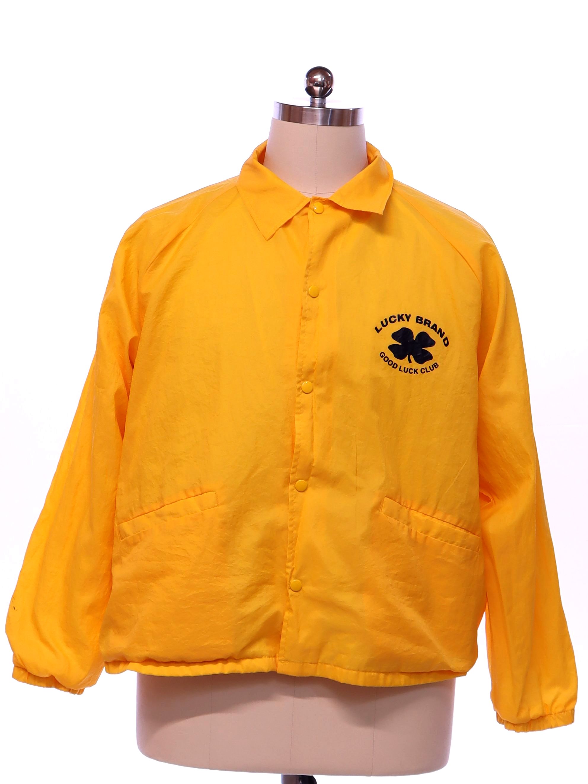 90s Retro Jacket: Late 90s or Early y2k 2000s -Lucky Brand- Mens bright  sunny yellow background nylon shell elastic cuff dolman longsleeve snap  front windbreaker snap front jacket. -Lucky Brand Good Luck