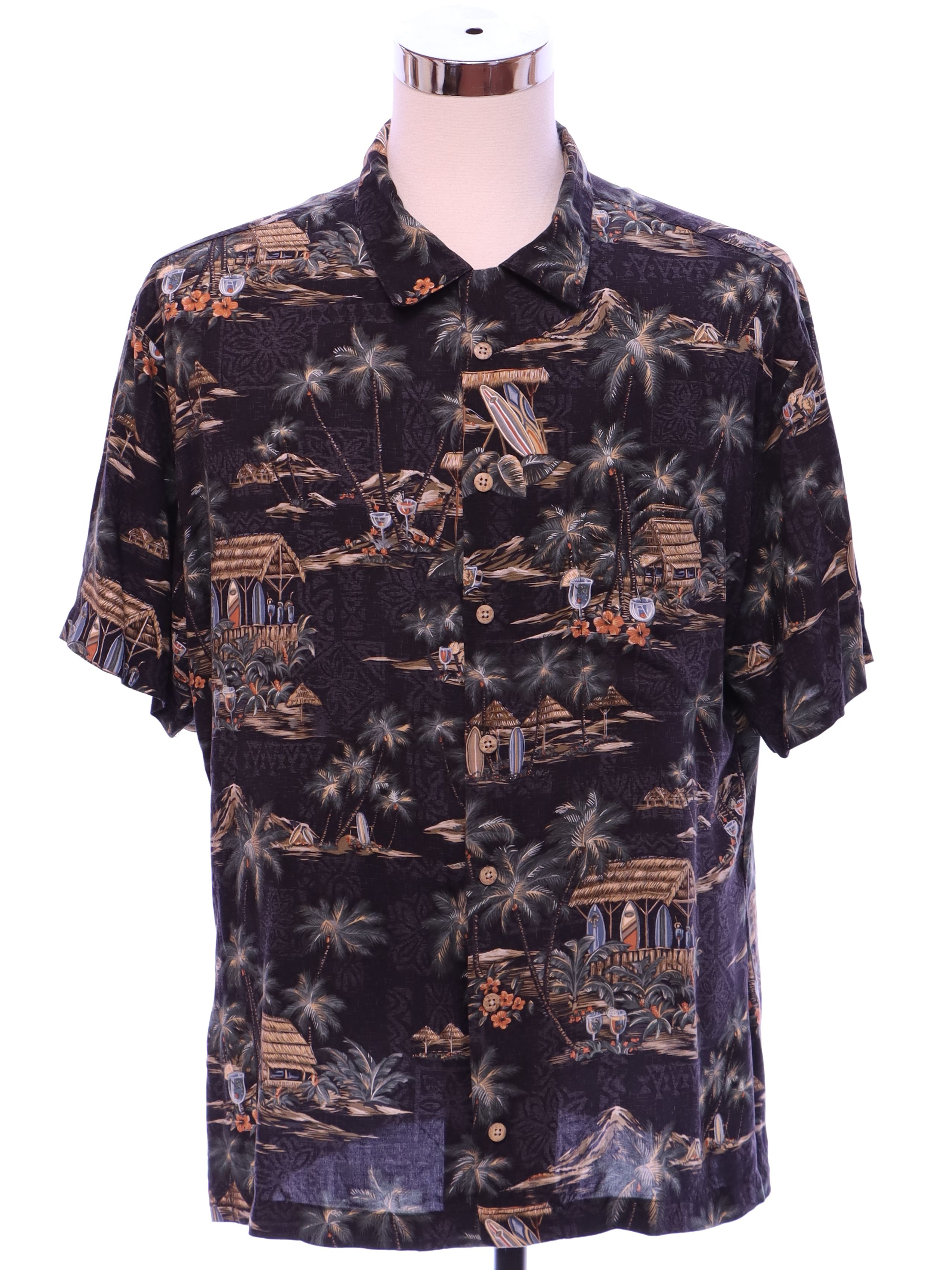 Hawaiian Shirt: 90s -Merona- Mens black background rayon short sleeve ...
