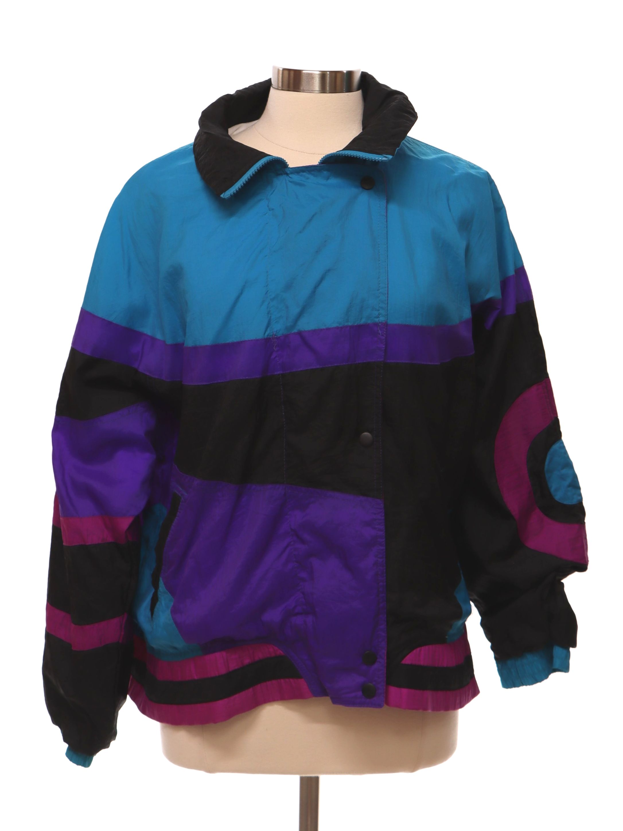 Vintage 80s Jacket: Late 80s -Pacific Trail- Womens black, turquoise,  purple, and magenta background nylon shell banded elastic cuffs dolman  longsleeve zip and snap front windbreaker style track jacket. Color  blocked, stripe