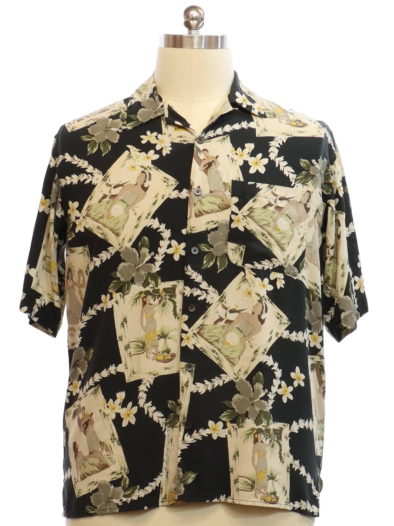 Retro Nineties Hawaiian Shirt: 90s -Silk- Mens black multi-color silk ...