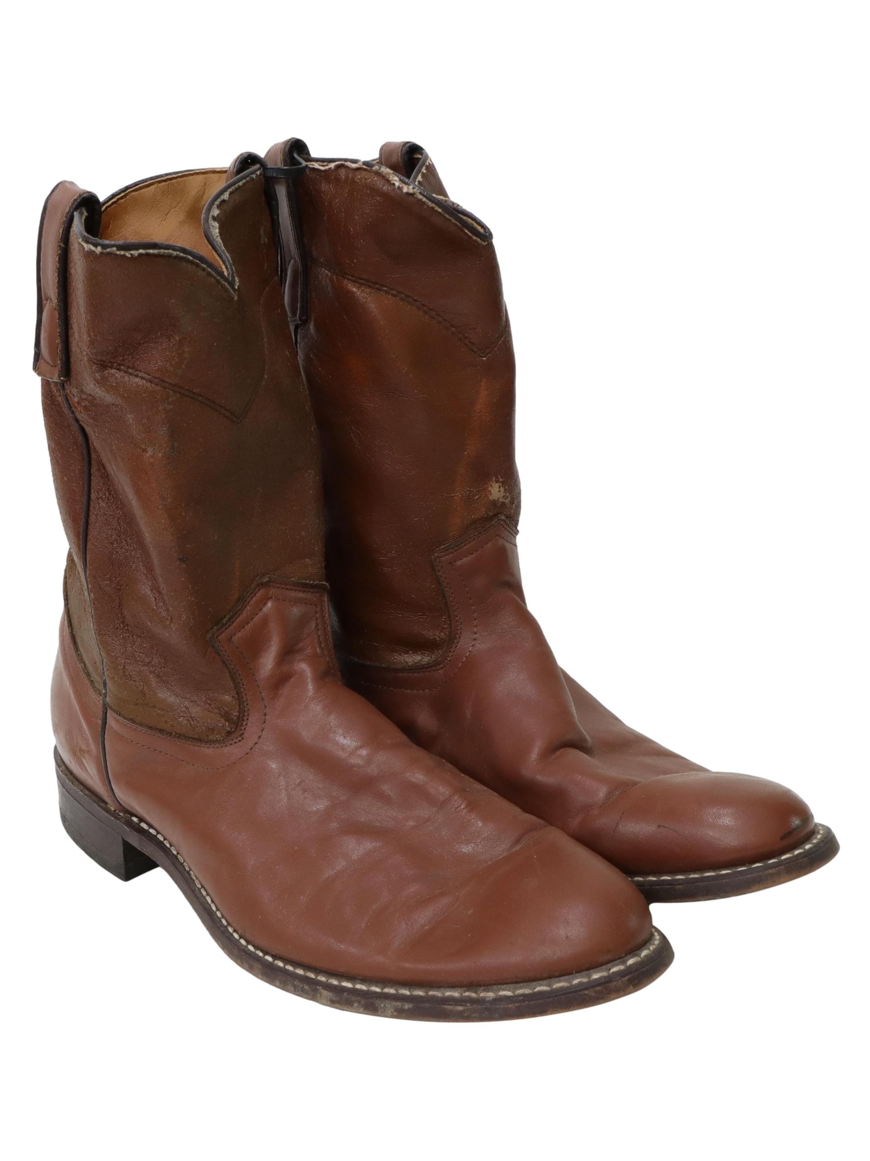 Vintage 1990 s Shoes 90s Made in USA Mens brown leather cowboy boots. Barn or roping style simple stitching on the uppers grained texture pull tabs notched front and back and dark brown