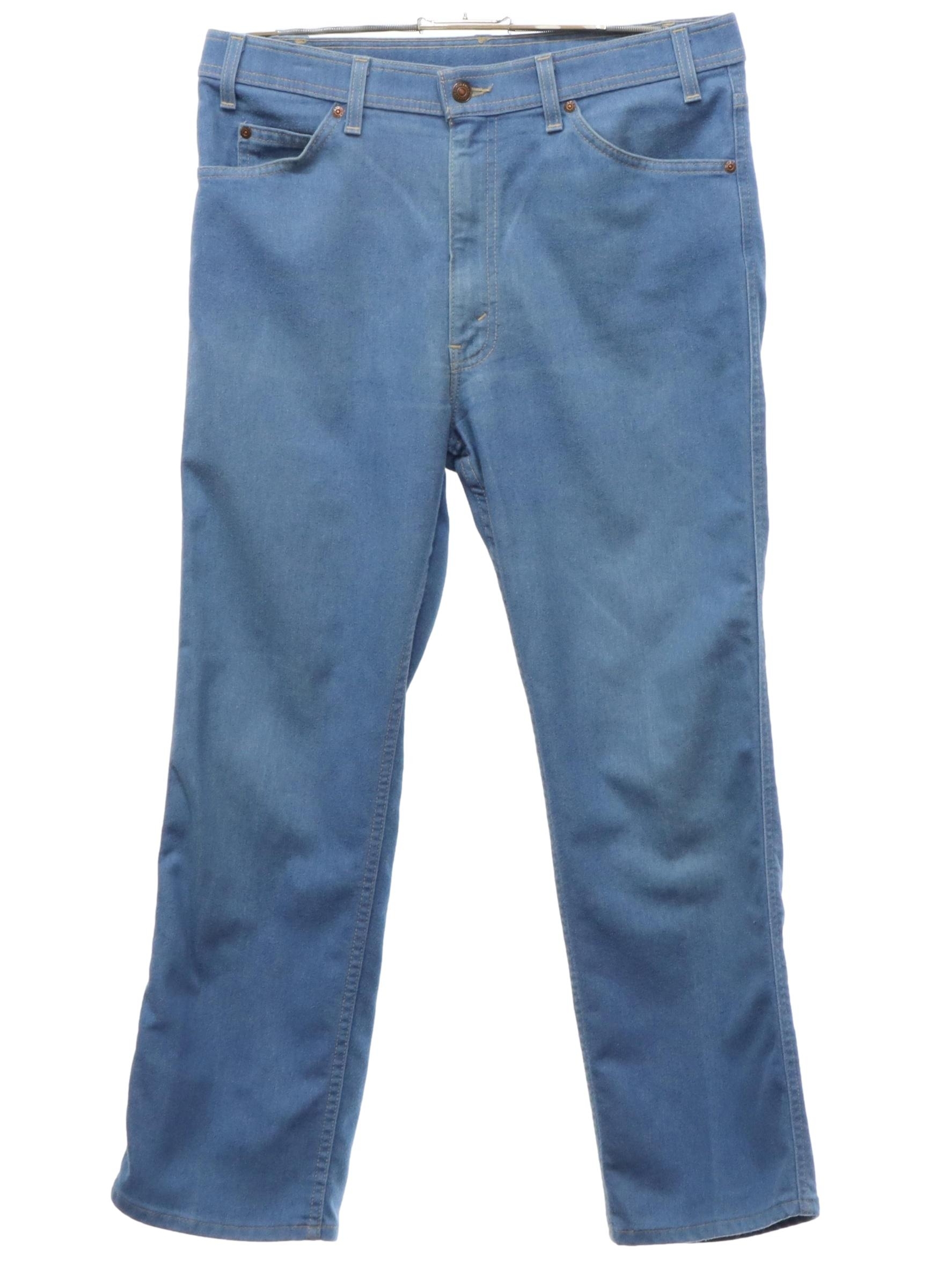 1970's Pants (Levis Action Jeans): 70s -Levis Action Jeans- Mens slightly  faded and worn blue brushed cotton denim jeans pants with zipper fly  closure with button. Five pocket style - front scoop