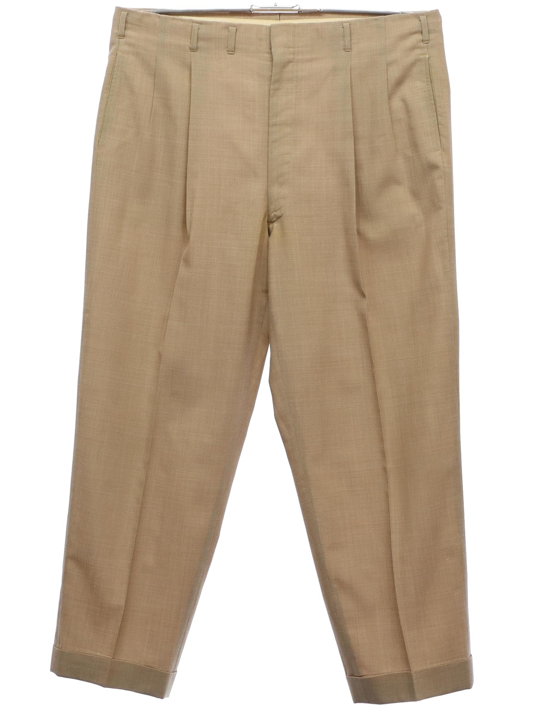 60s Retro Pants: 60s -No Label- Mens hazy tan rayon blend pleated