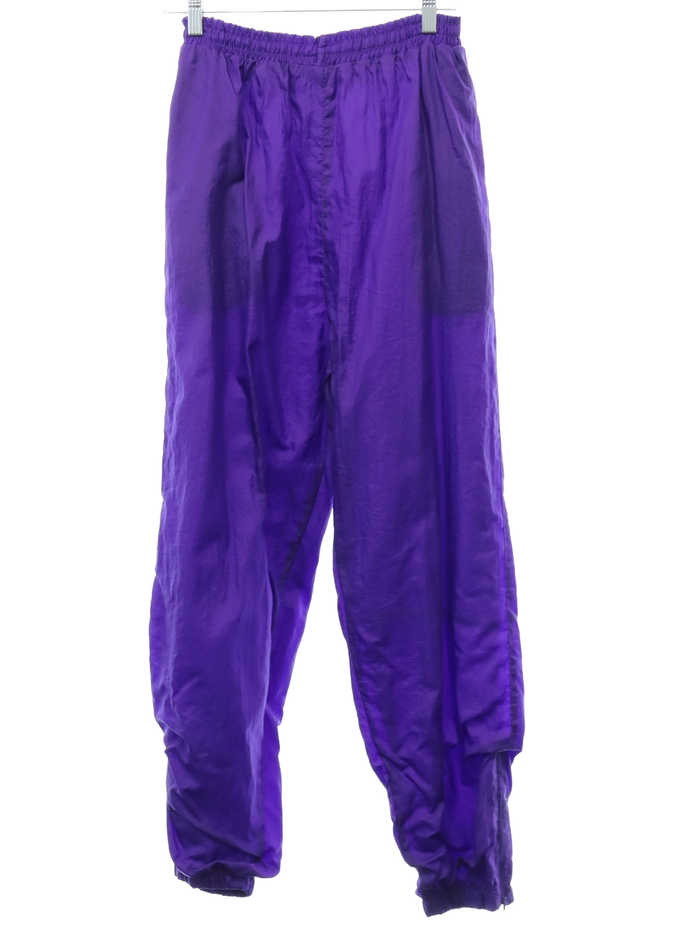 80s Pants (Basic Editions): 80s style (made in 90s) -Basic Editions- Womens  purple solid colored nylon shell flat front track or jogging pants.  Gathered elastic cuff hem with ankle zipper, vertical seam