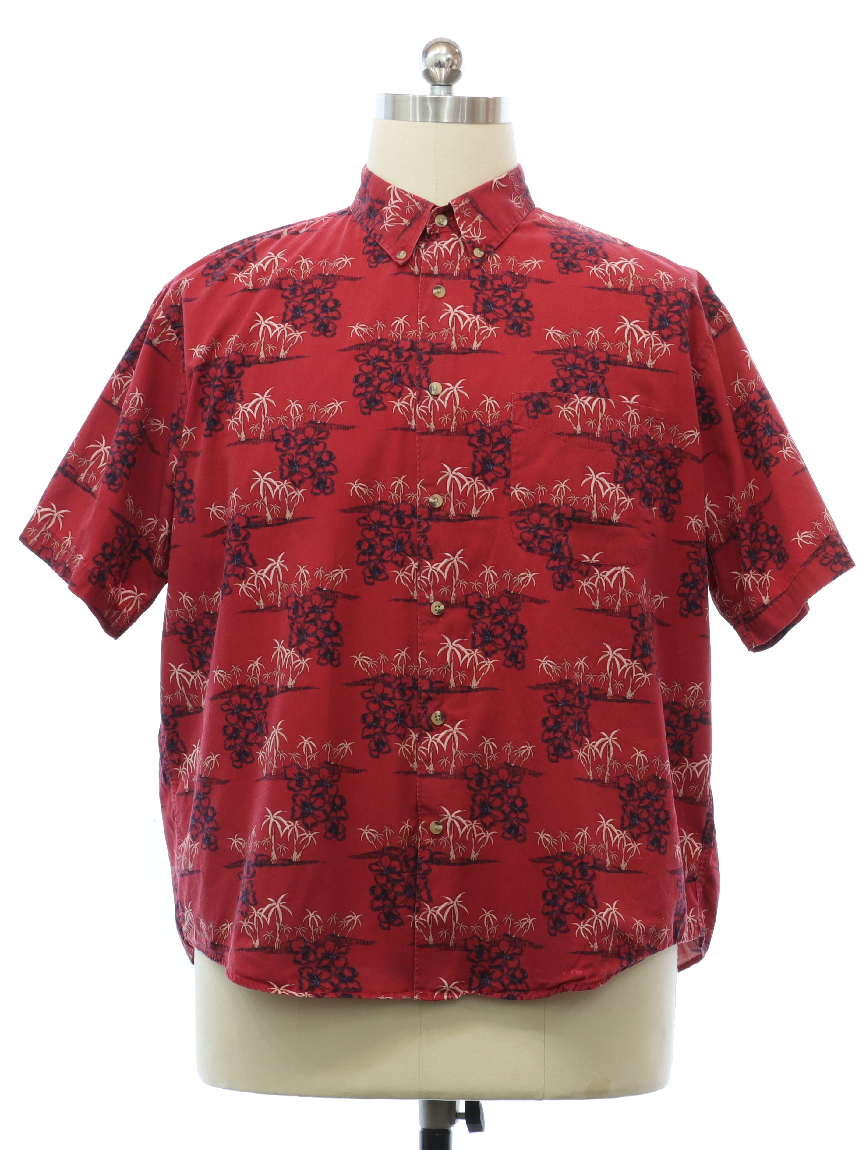 Hawaiian Shirt: 90s -Crossings- Mens red background cotton short