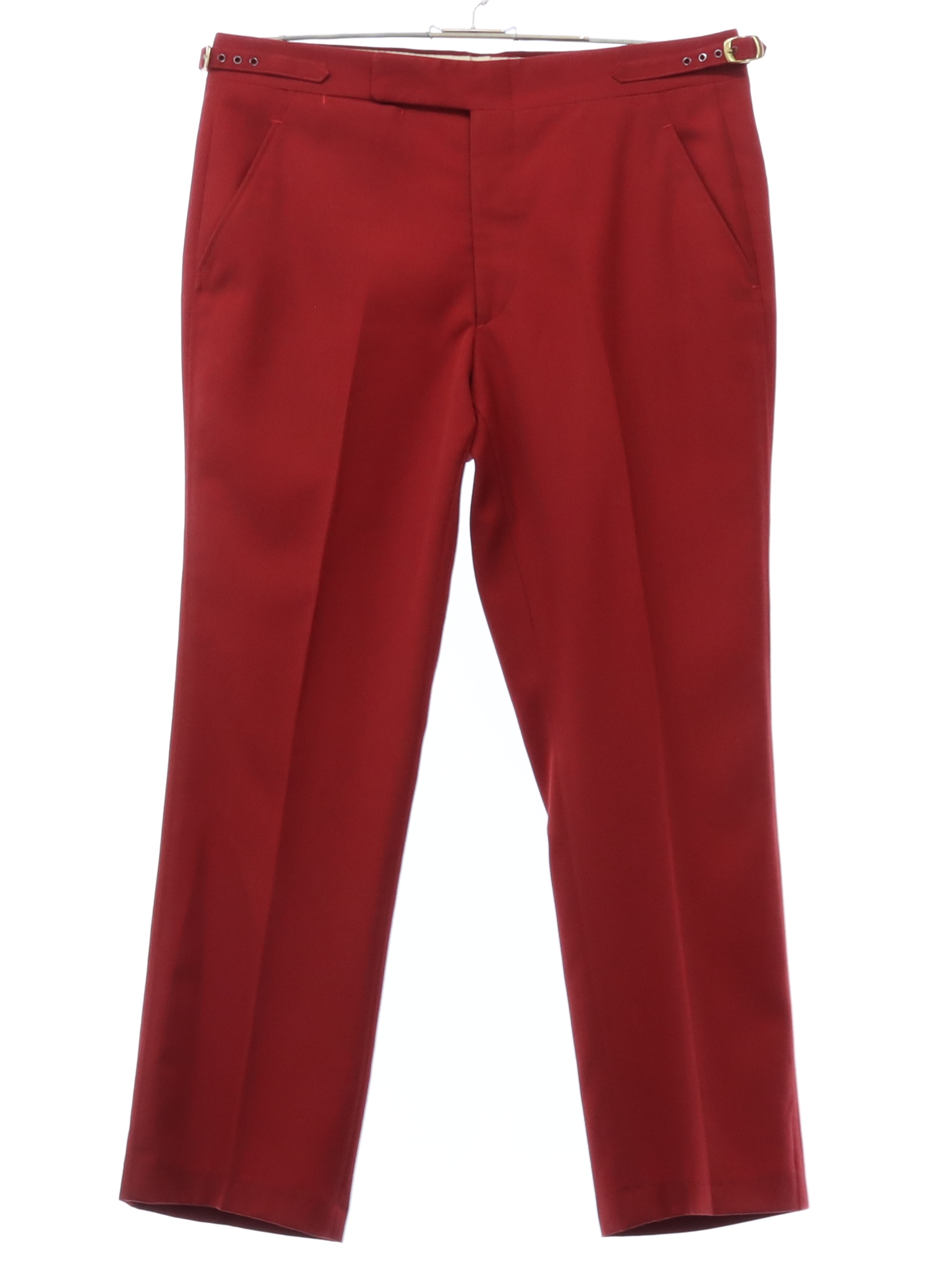 Majer Slacks 1960s Vintage Pants: Late 60s -Majer Slacks- Mens cranberry  red solid colored wool polyester blend flat front slacks pants. Cuffless  hem, front slant side entry pockets, one rear inset open