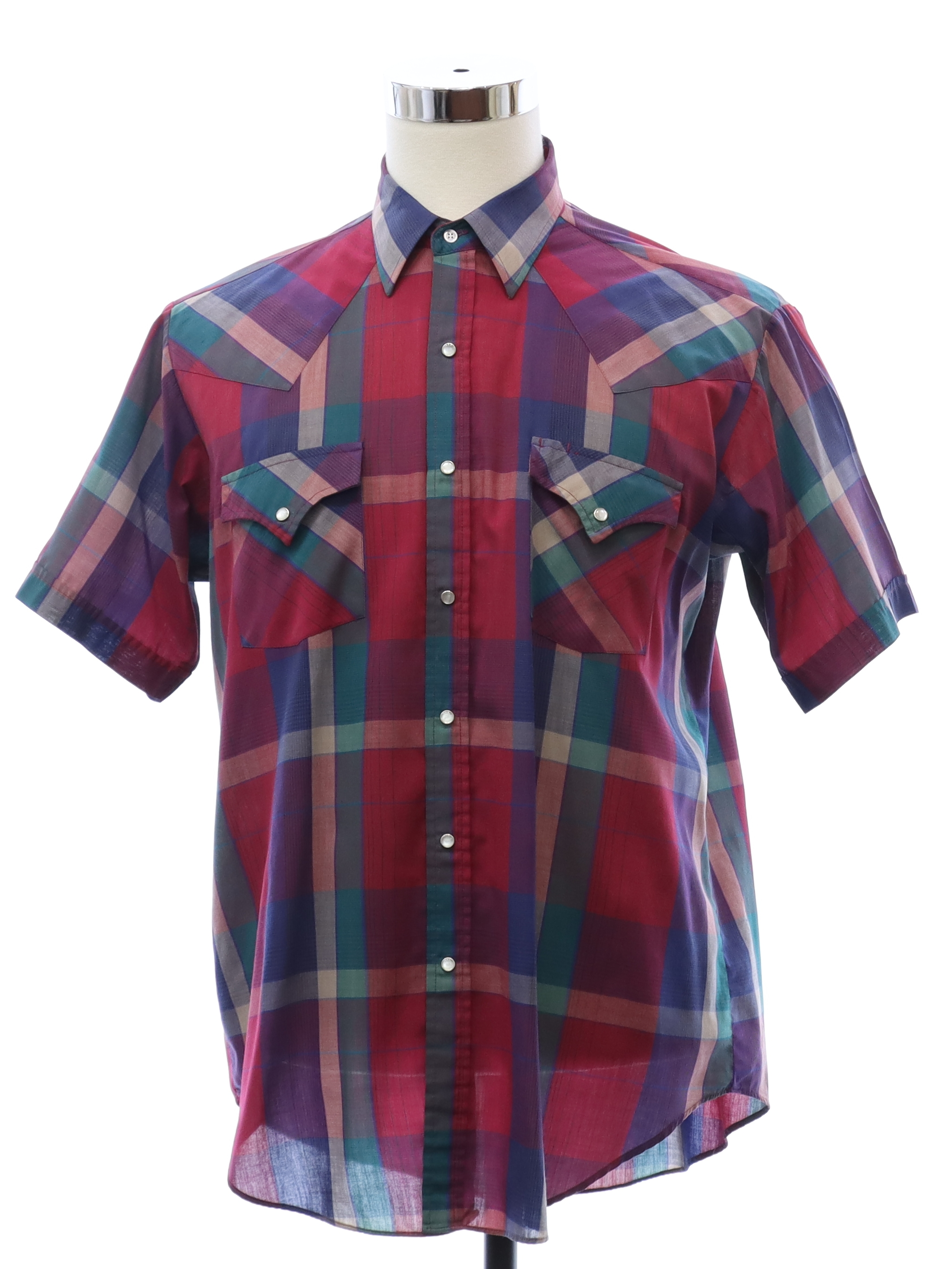 Retro 90s Western Shirt Ely Plains 90s or newer Ely Plains Mens deep red burgundy blue and green plaid polyester cotton blend short sleeve western shirt. Snap front. Fold over collar