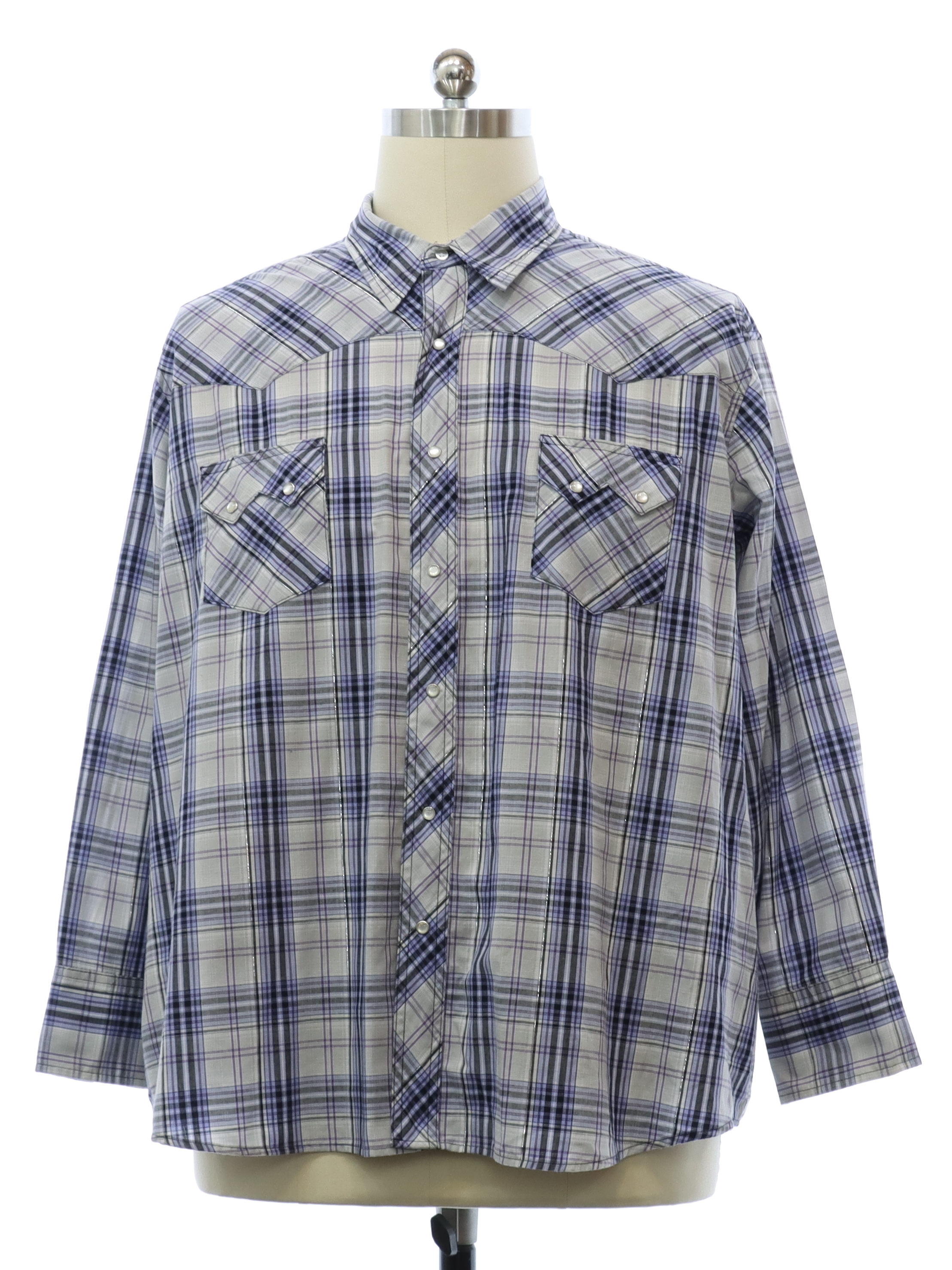 Western Shirt: 90s -Wrangler- Mens gray, lavender, purple, and silver lurex  plaid polyester cotton blend long sleeve western shirt. Pearlized snaps at  front placket and cuffs. Fold over collar, front and back