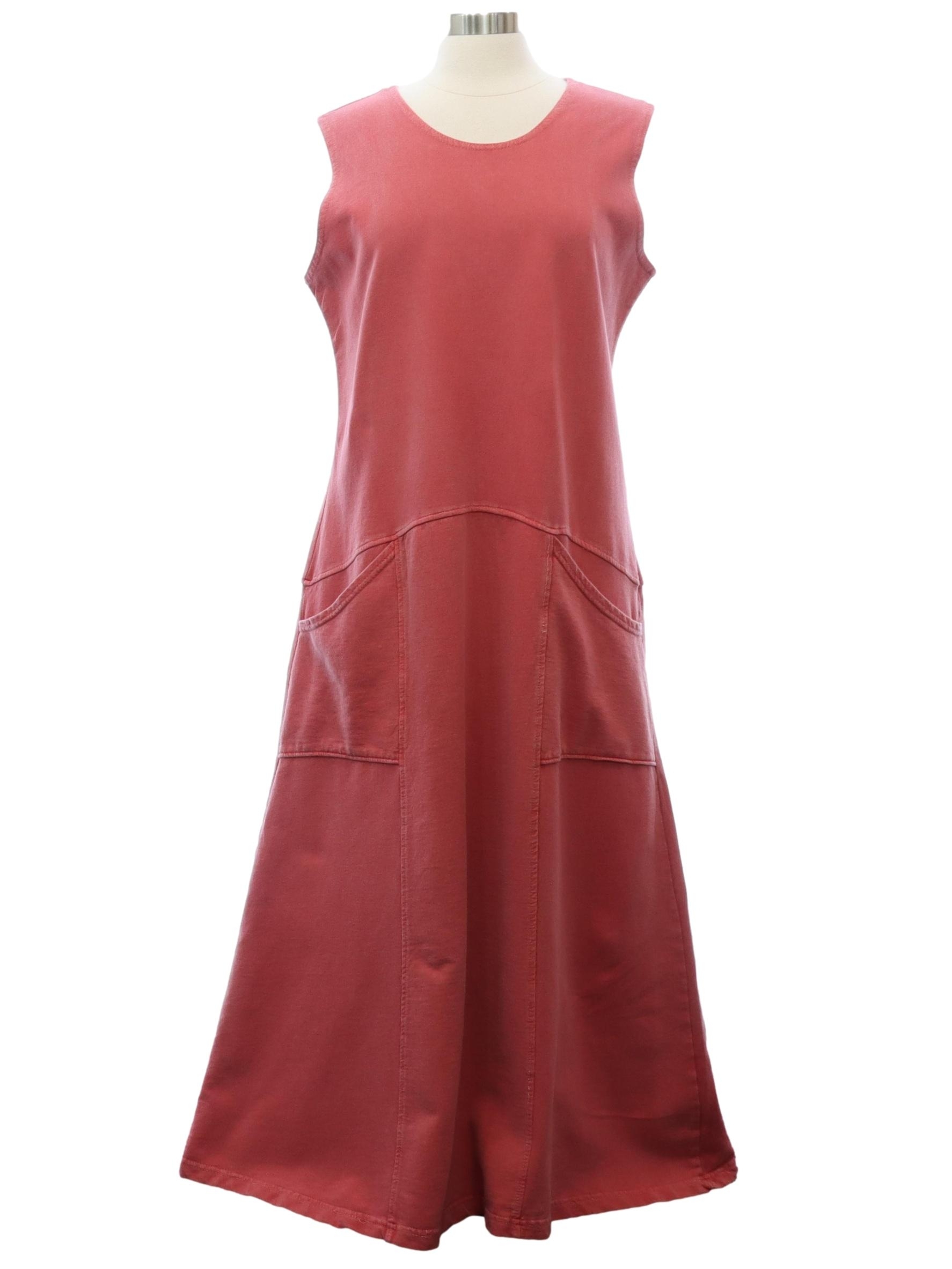 Nineties N. Y. L. T Shirt: Late 90s or Early y2k 2000s -N. Y. L.- Womens  dusty rose thick cotton jersey sleeveless a-line maxi shift dress. Scoop  neck, basic bodice, a-line waist.