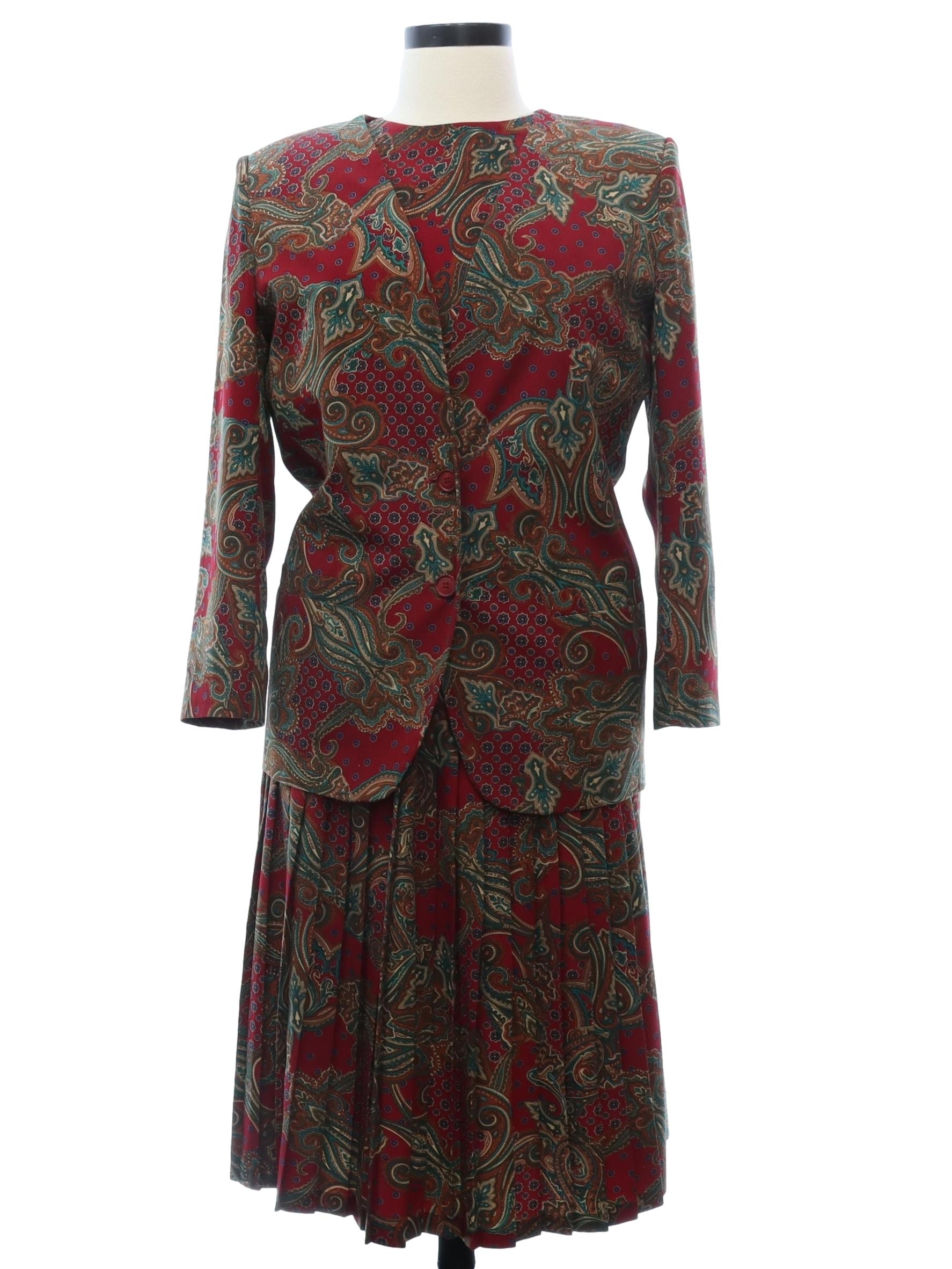 Eighties Alfred Dunner Suit 80s Alfred Dunner Womens wine multi color silky polyester three piece suit with elastic shaping the waist of the loose pleat free hip 32inch midi length skirt. The short ...