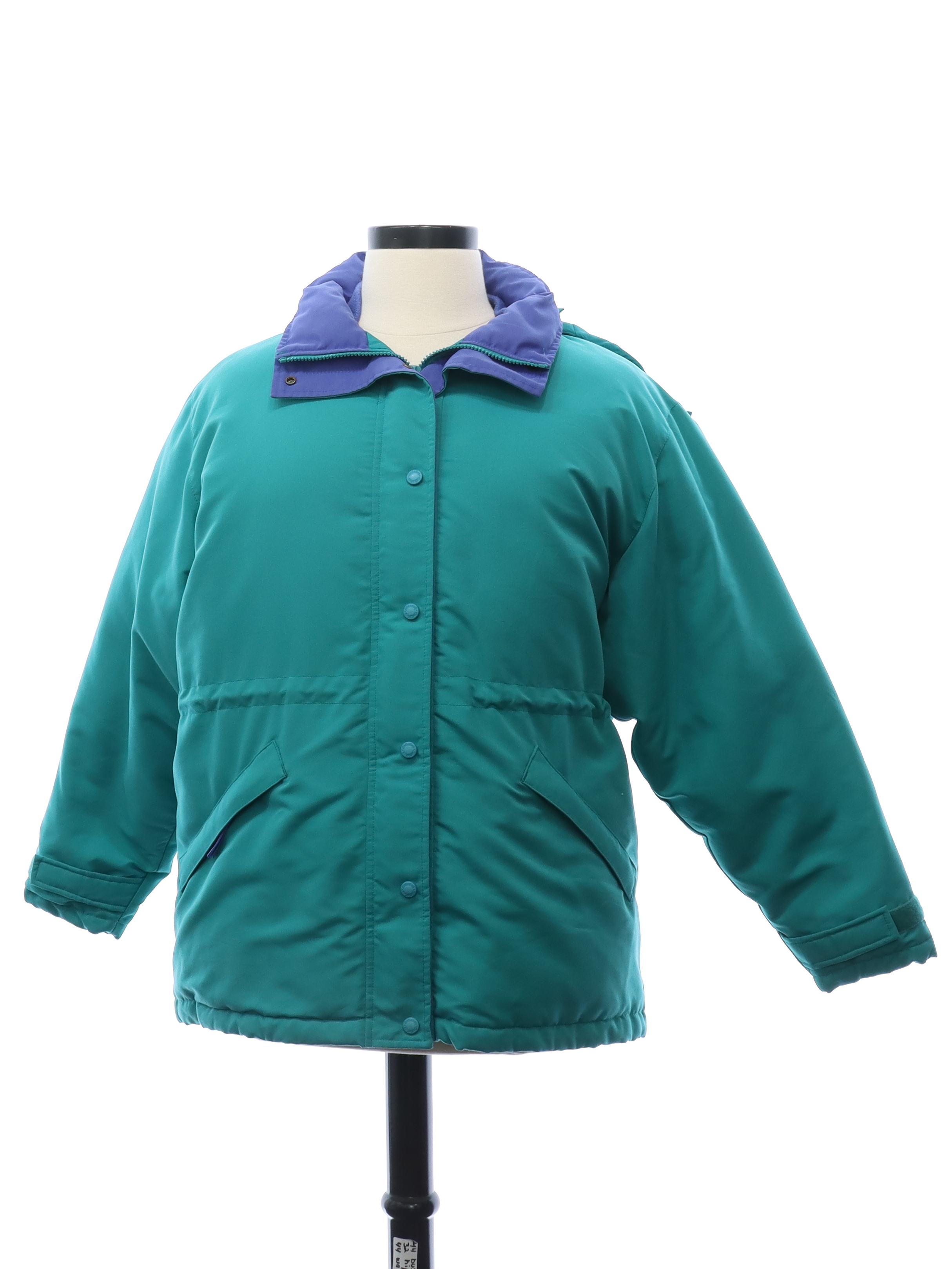 Retro 90s Jacket Cabelas Latr 90s or Early 2000s Cabelas Womens tropical teal polyester shell with nylon lining and down fill longsleeve ski jacket. Purple trim inside the collar and the