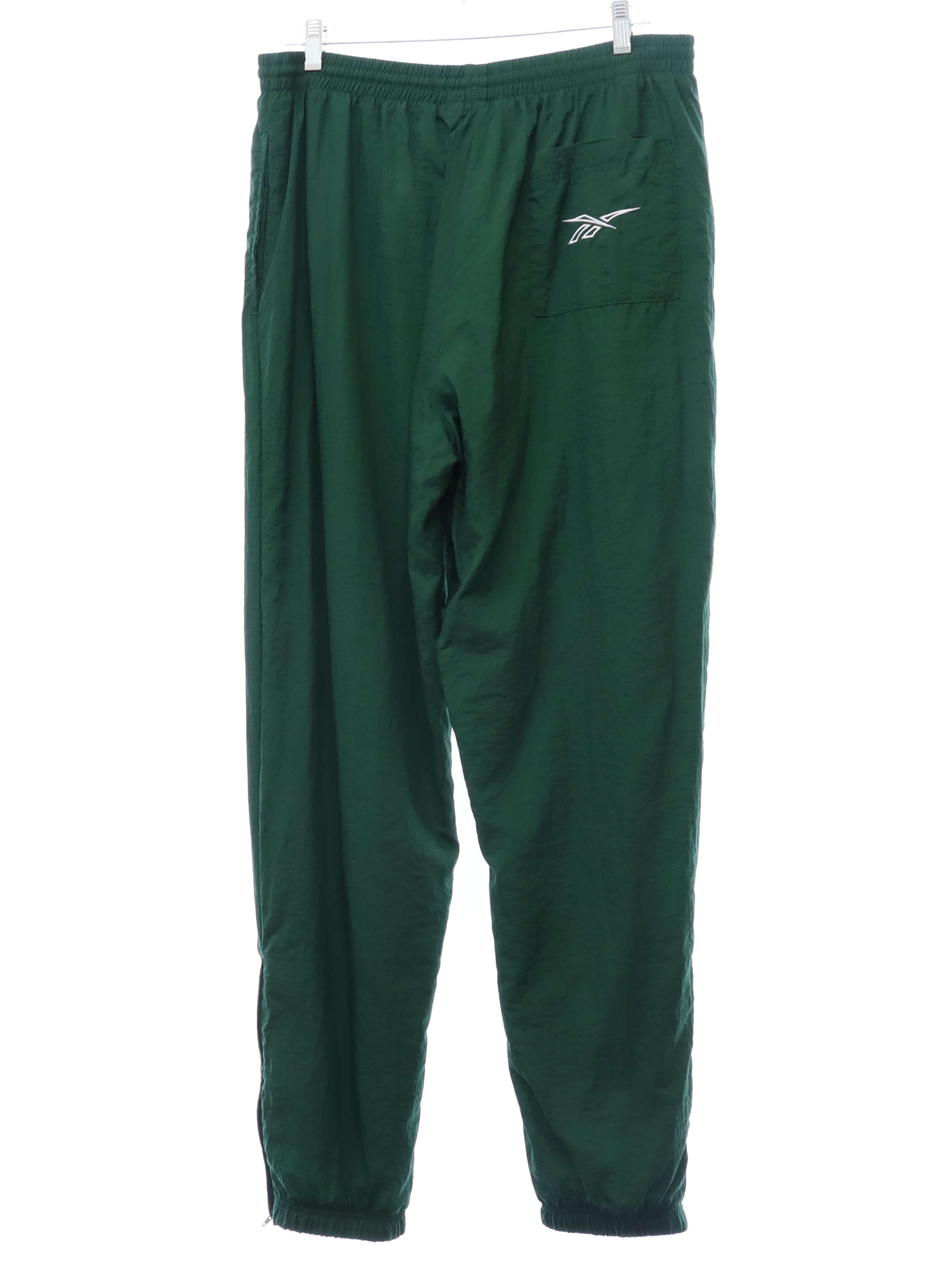 Pants: 90s -Reebok- Mens dark green solid colored crinkle nylon