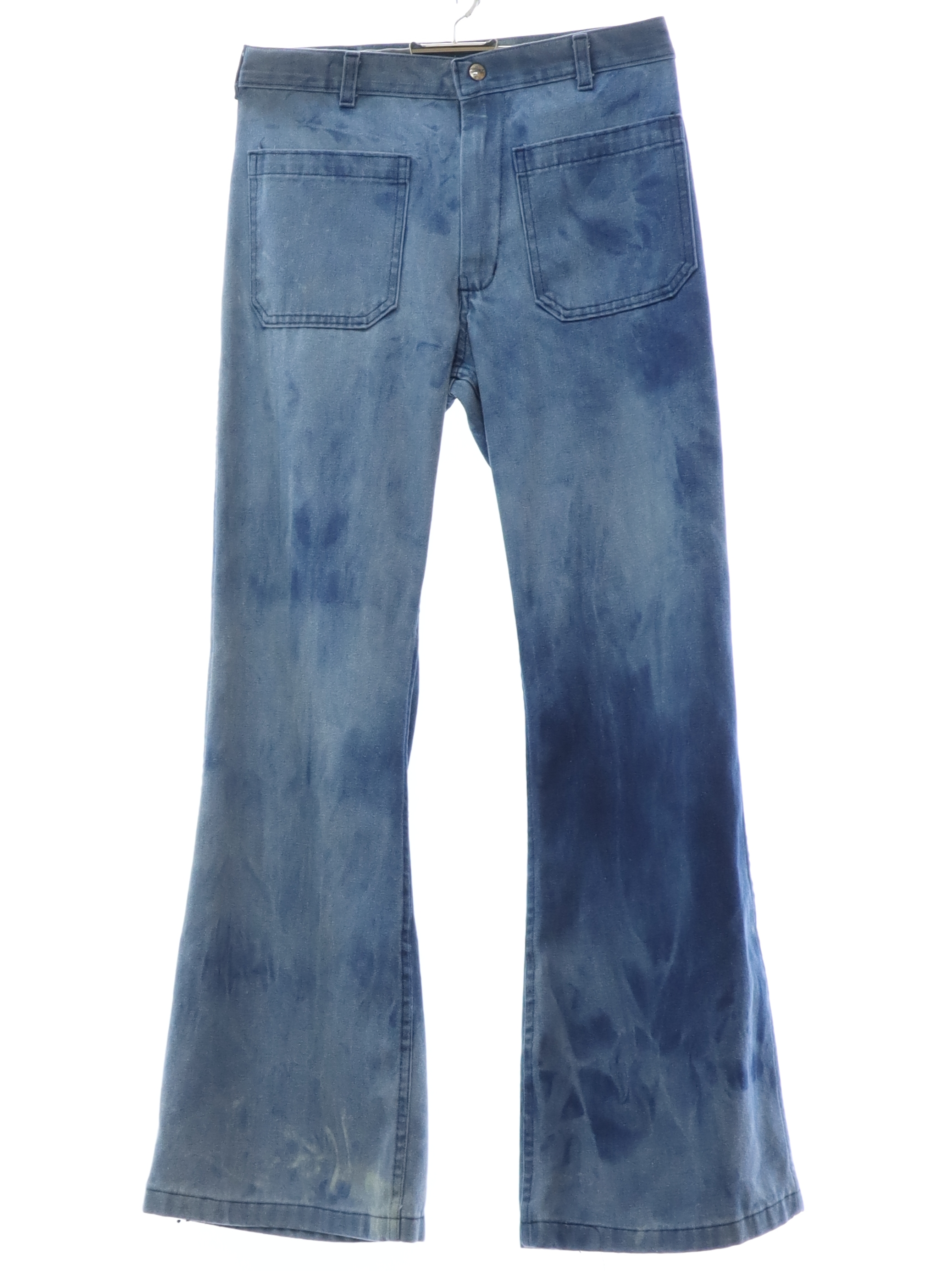 70's Seafarer Bellbottom Pants: 70s style (made in 90s) -Seafarer- Unisex  heavy marbelized faded (tie dye like effect) blue cotton polyester belnd  denim naval style bellbottom jeans pants with cuffless hem, two