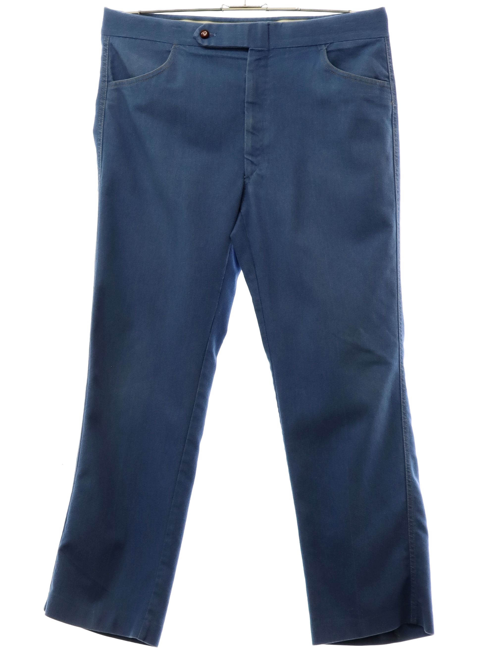 Retro 1970's Pants (Haggar Expand O Matic) : 70s -Haggar Expand O Matic-  Mens lighter blue solid colored brushed cotton denim flat front brushed  cotton denim pants with cuffless hem, front scoop