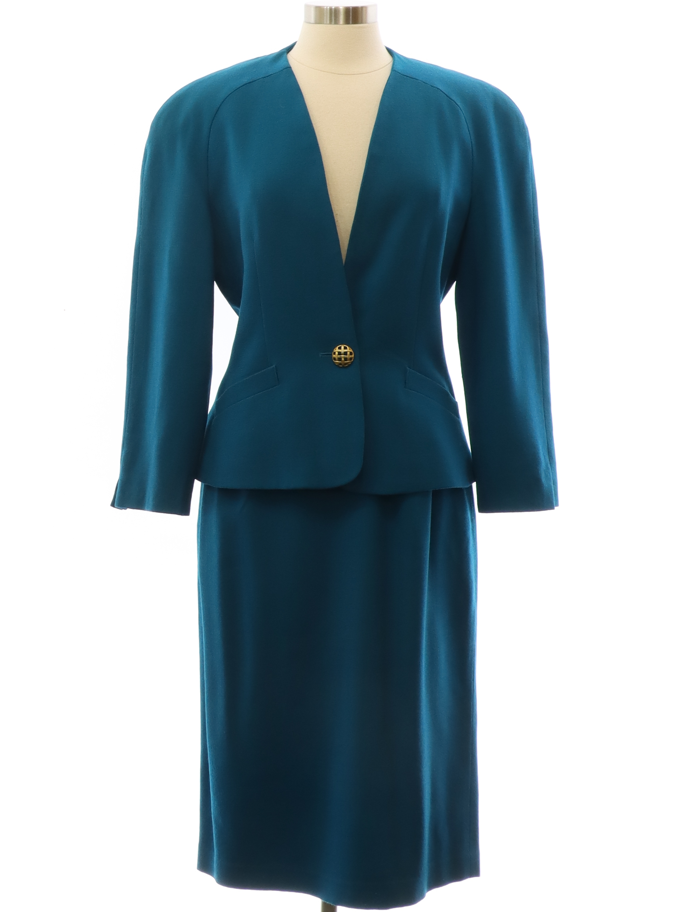 Eighties Kasper Suit: 80s -Kasper- Womens sea blue wool two piece mid  length skirt suit. Longsleeve jacket, padded shoulders, shaping darts for a  tapered fit, single button closure with a basket weave