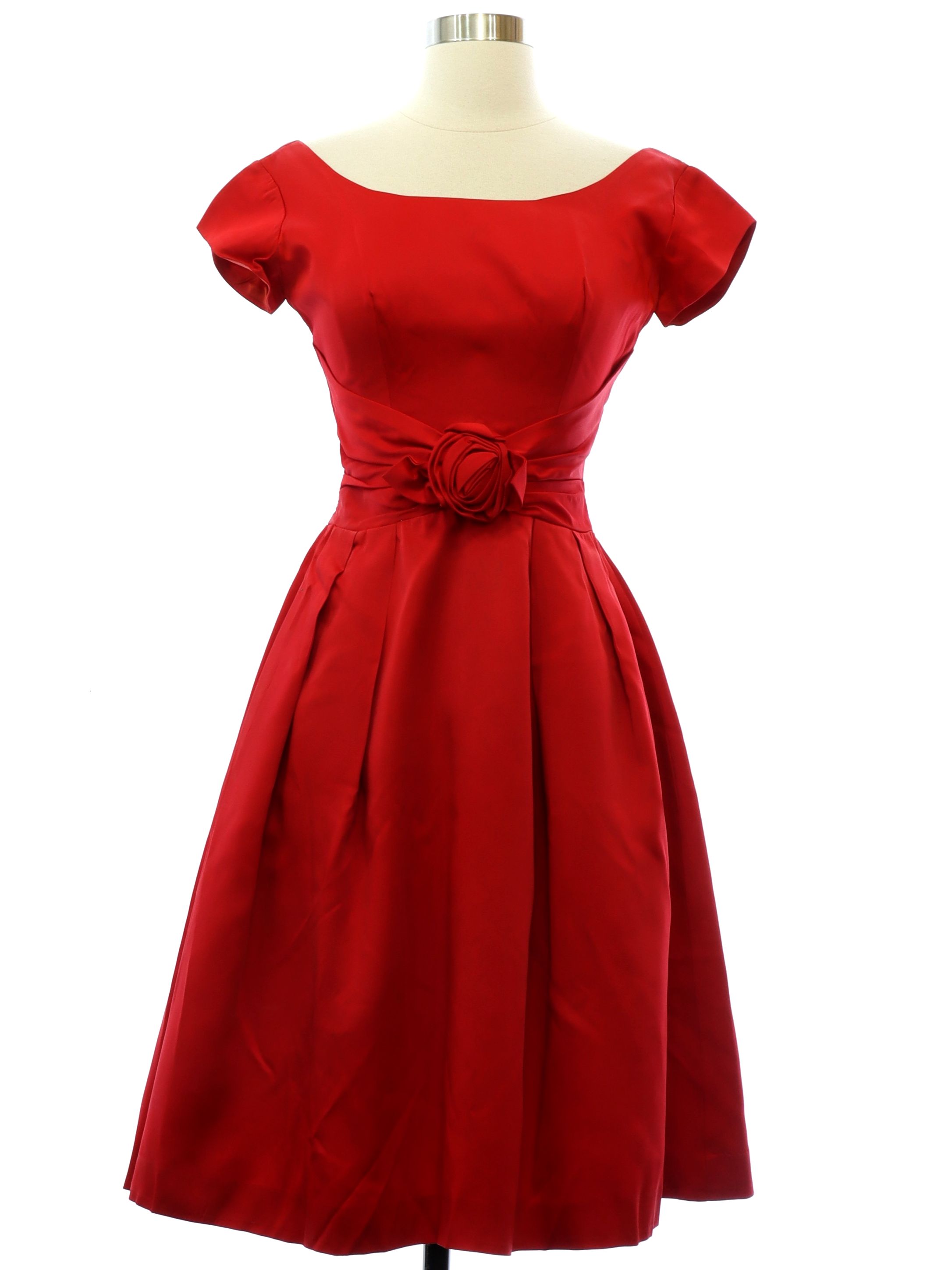 Retro 60 s Cocktail Dress 60s Union Label Womens red satin acetate rayon blend short sleeve dress having a lowered V back neckline with a zipper closure and a scooped round front neckline