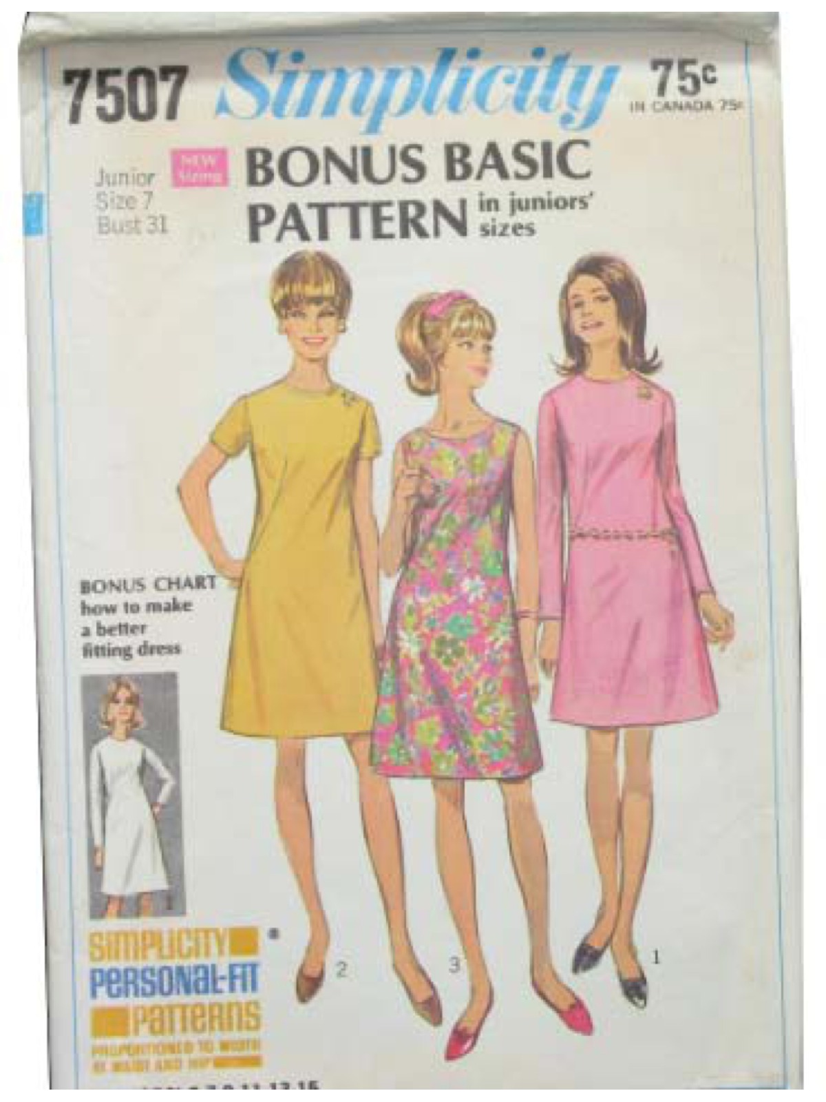 1960s Simplicity Pattern No. 7507 Sewing Pattern 60s Simplicity Pattern No. 7507 Juniors bonus basic dress. The collarless A line dress has back zipper and optional self fabric or purchased belt. V....