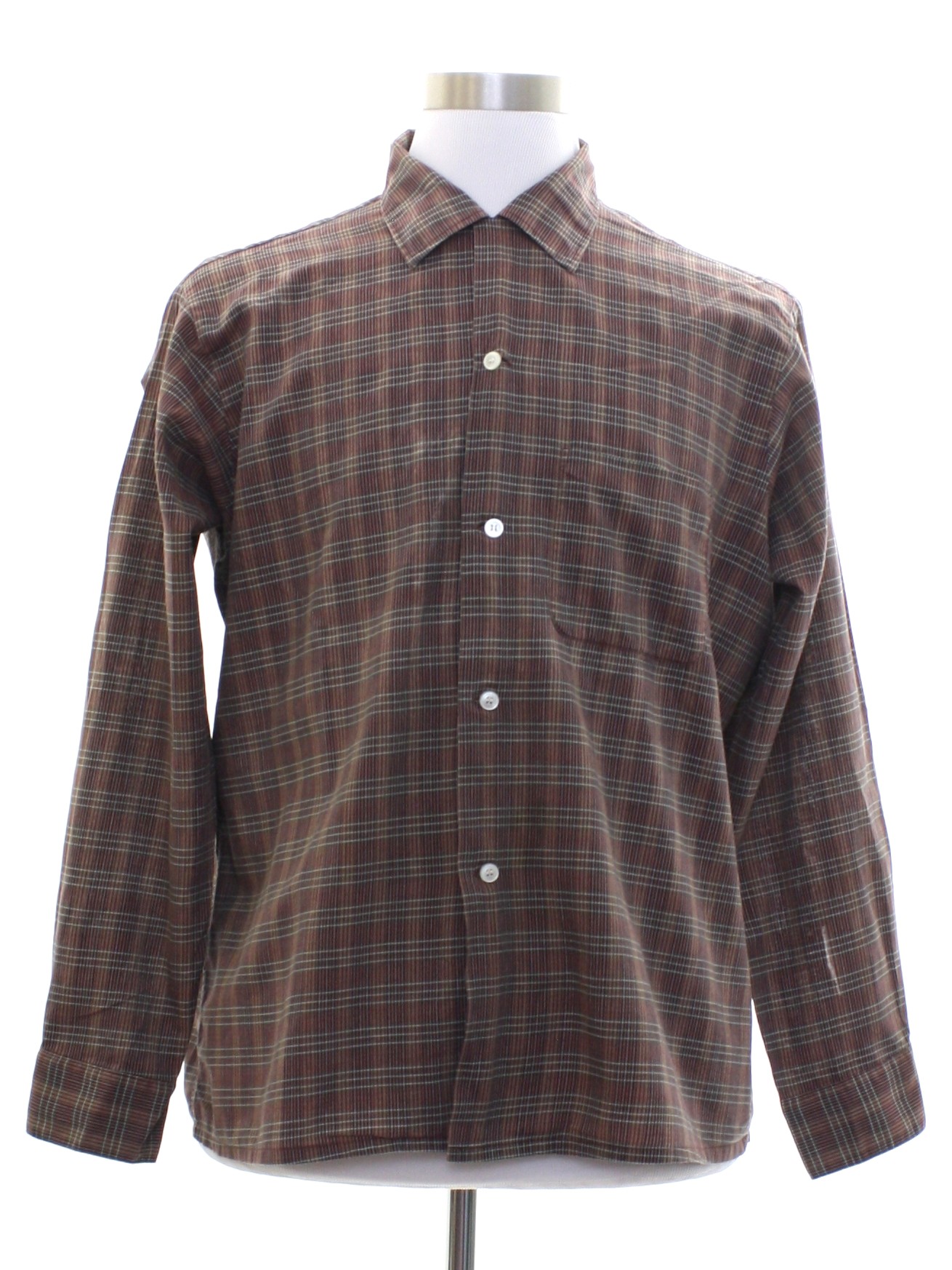 1960's Shirt (Arrow): 60s -Arrow- Mens beige, burgundy and white plaid ...
