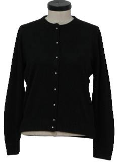 60 s Vintage Caridgan Sweater 60s Designers Originals Womens black luxelon orlon acrylic knit longsleeve jewel neck cardigan sweater with faux pearl button closure