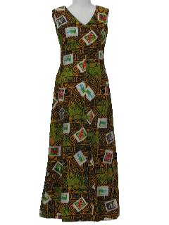 1970's Womens Mod Cotton Barkcloth Hawaiian Maxi Dress