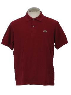 Lacoste 1980s Vintage Shirt 80s Lacoste Mens dark red woven cotton short sleeve polo shirt. Izod style Alligator Logo on the left chest rib knit cuffs two button placket side notched for