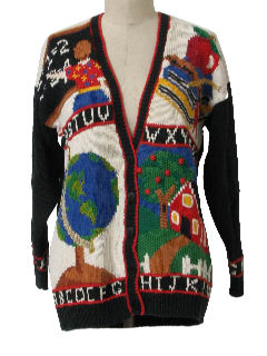90 s Marisa Christina Sweater 90s Marisa Christina Womens black off white red royal blue greens browns yellows and gold cotton ramie blend longsleeve five button front cheesy kitschy sweater with a ...