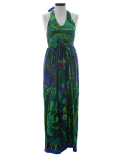 1960's Womens Mod Hawaiian Maxi Halter Dress